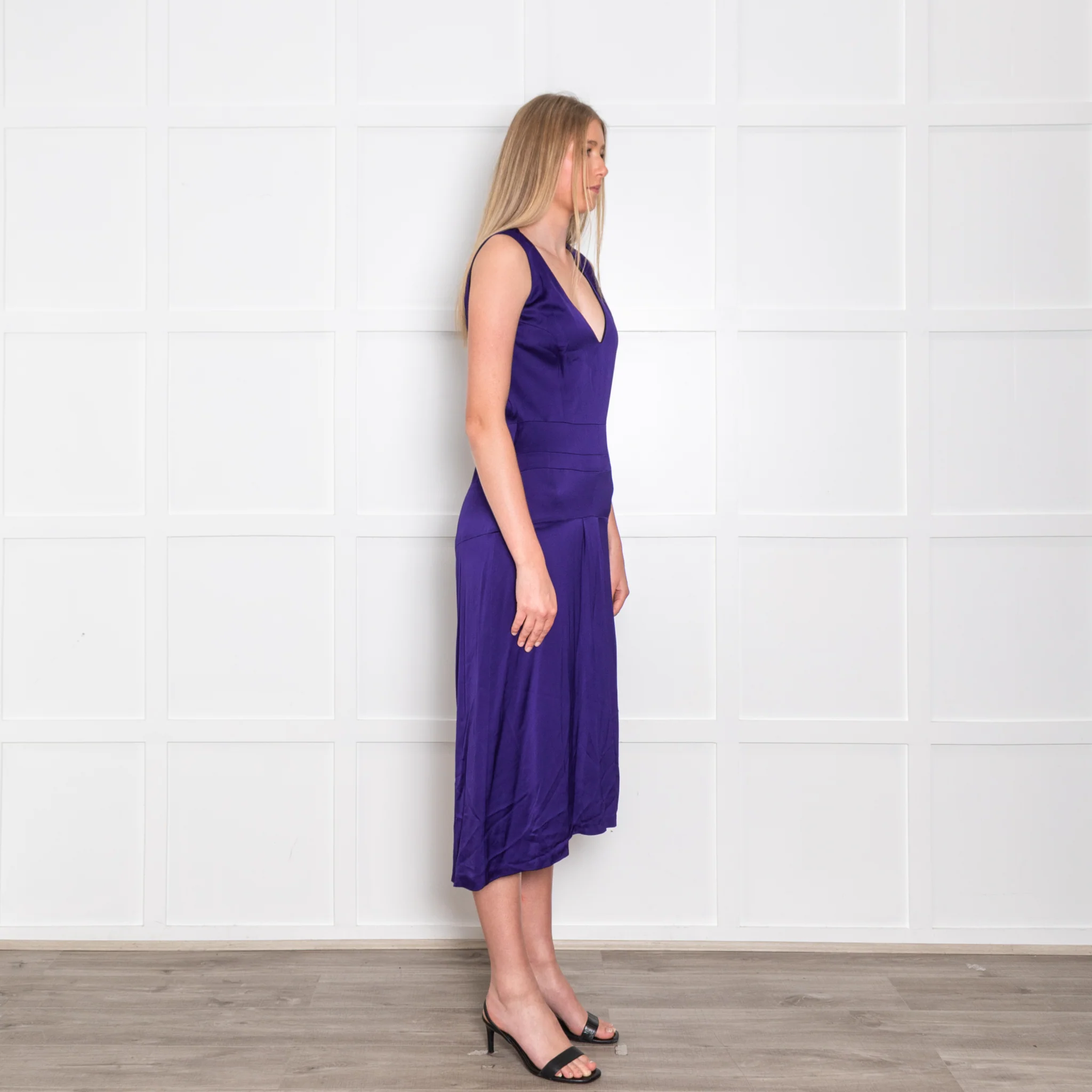 Victoria Beckham Purple Cobalt Satin V Neck Midi Dress - Image 7