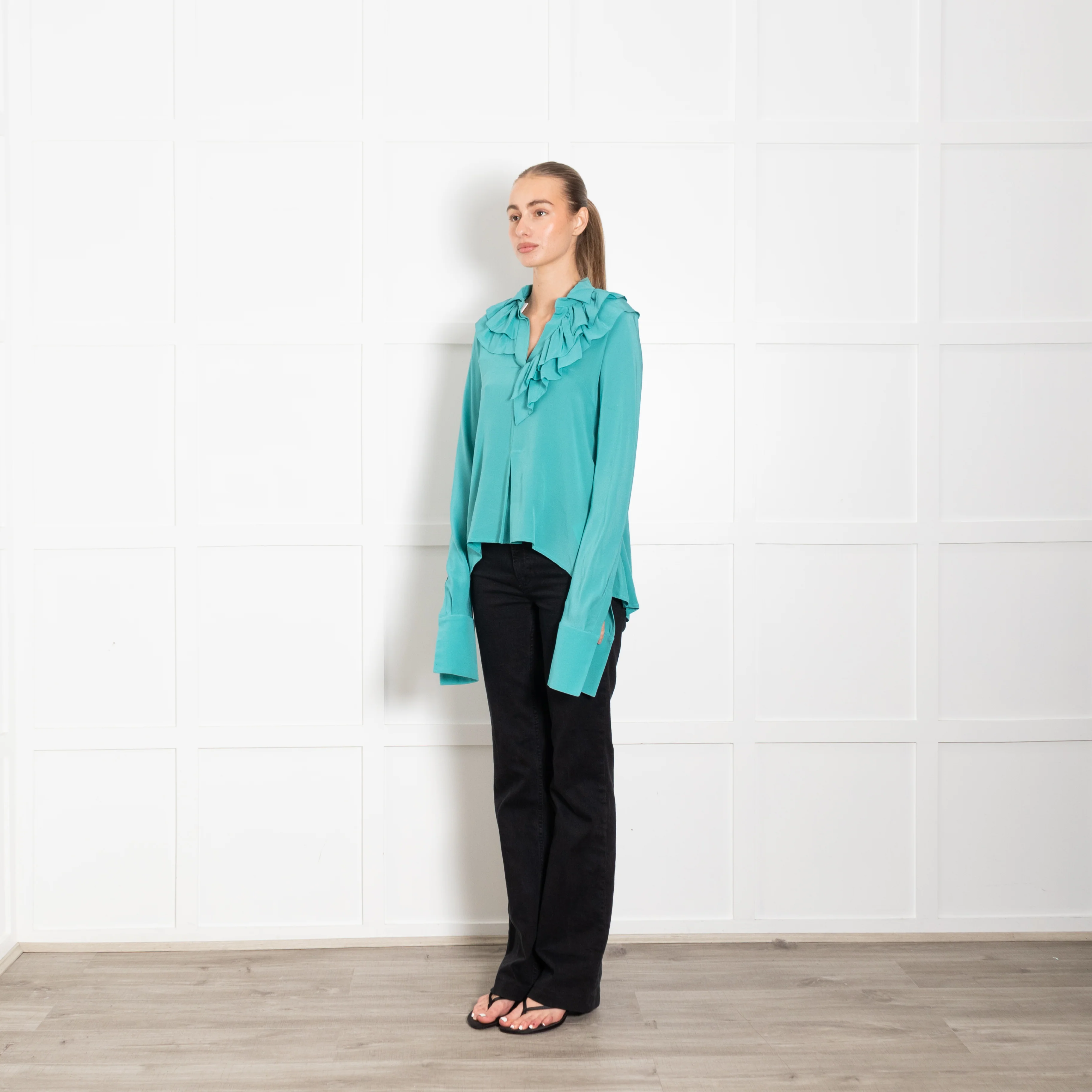 Victoria Beckham Turquoise Frill Neck Blouse - Image 3