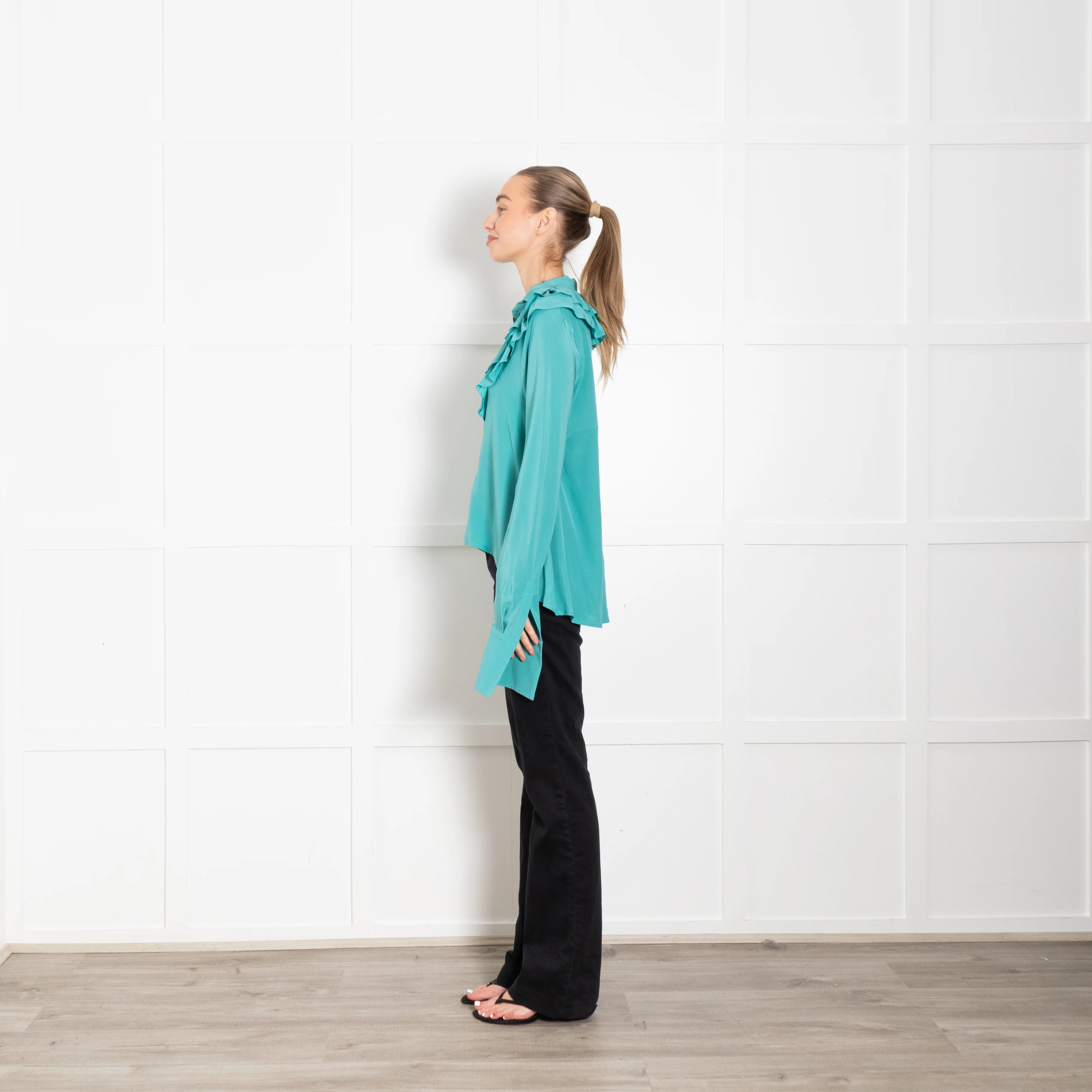 Victoria Beckham Turquoise Frill Neck Blouse - Image 4