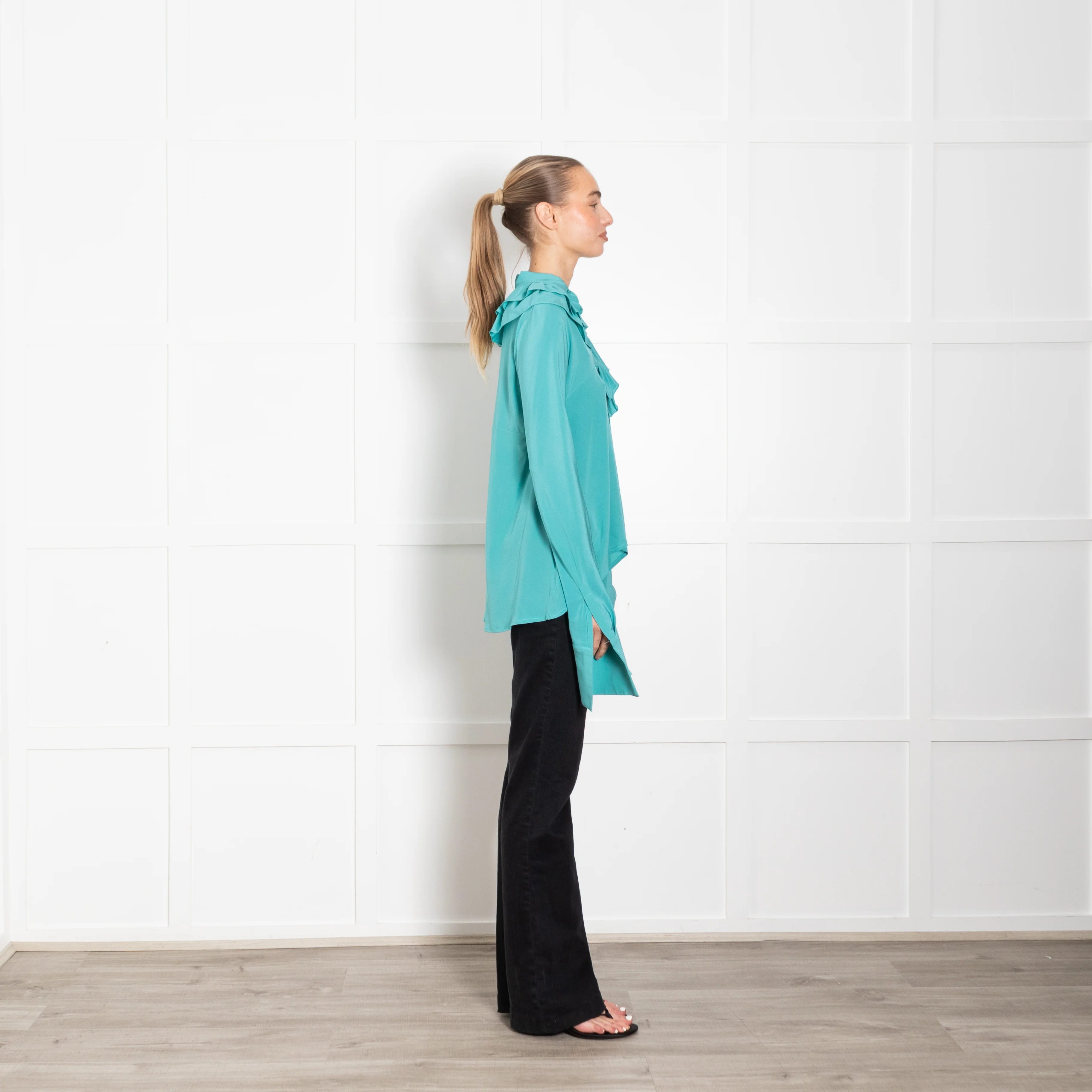 Victoria Beckham Turquoise Frill Neck Blouse - Image 6