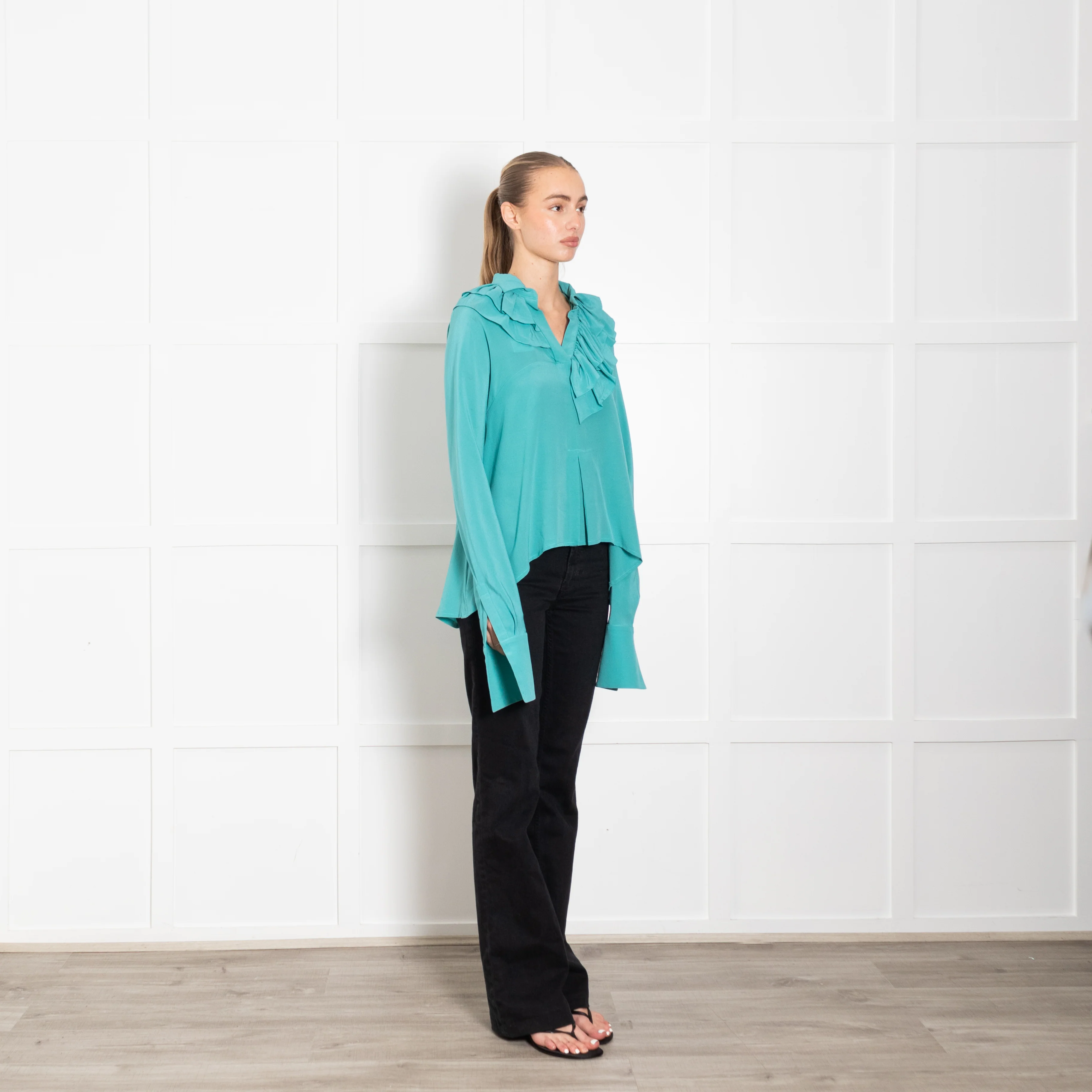Victoria Beckham Turquoise Frill Neck Blouse - Image 7