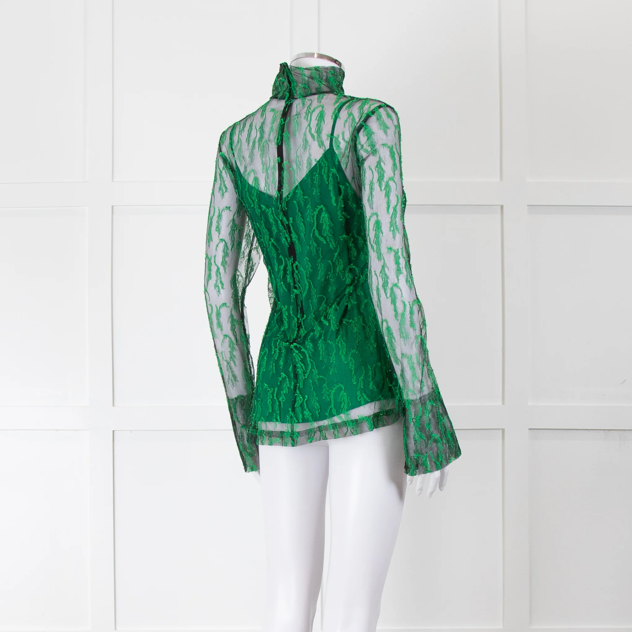 Victoria Beckham Green and Black Lace Fitted Top with Green Slip - Image 4