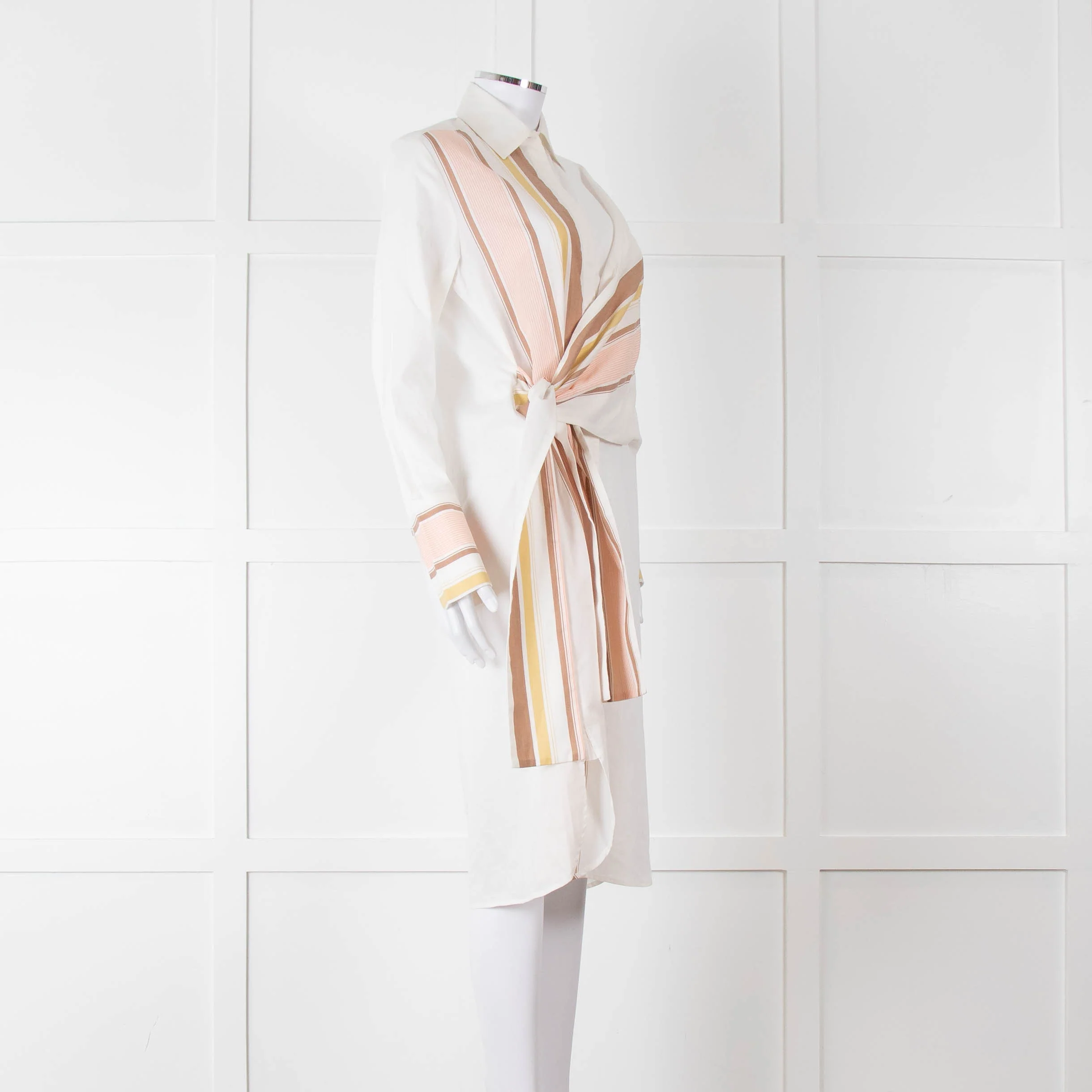 Victoria Victoria Beckham Cream Orange Striped Fine Cotton Tie Up Shirt Dress - Image 2
