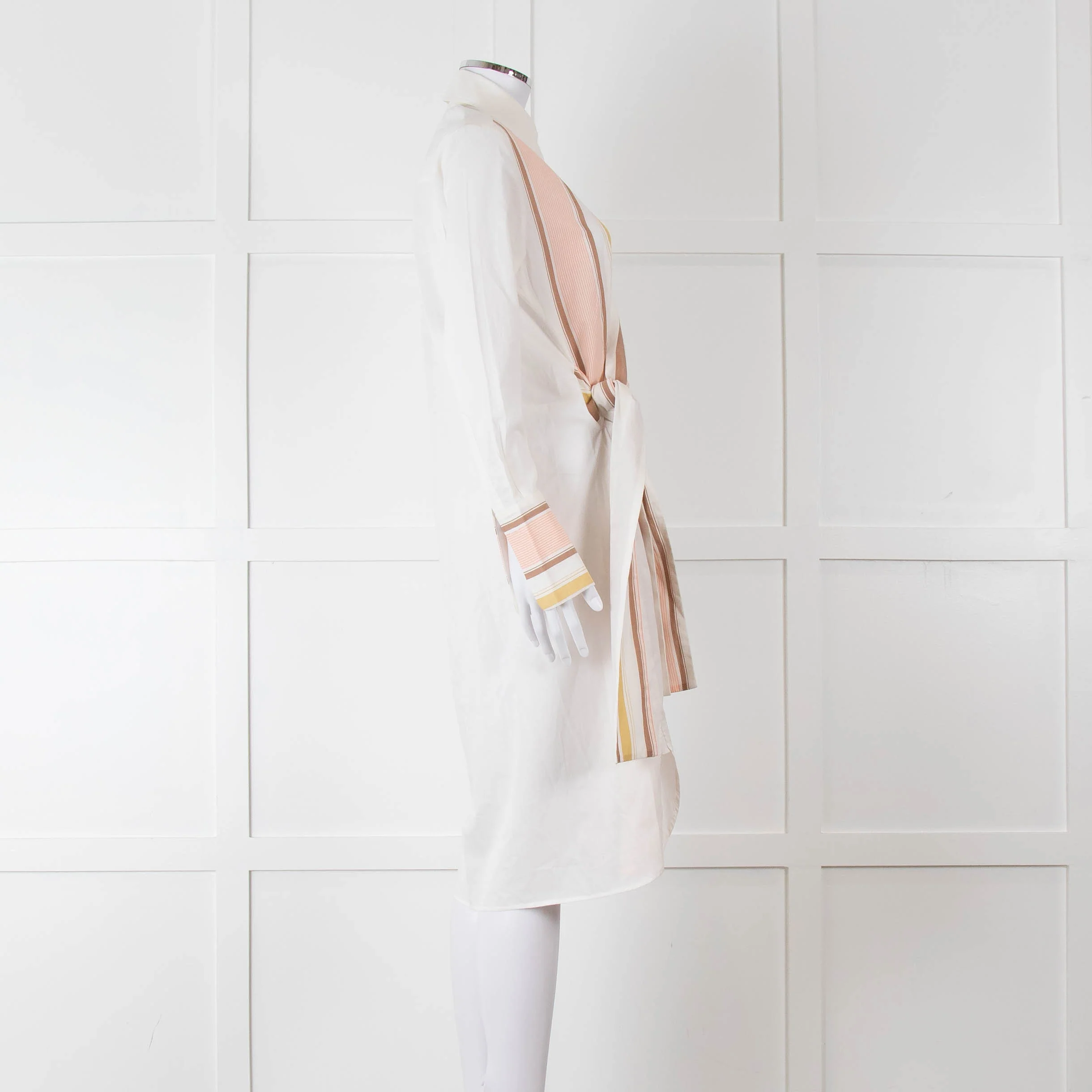 Victoria Victoria Beckham Cream Orange Striped Fine Cotton Tie Up Shirt Dress - Image 3