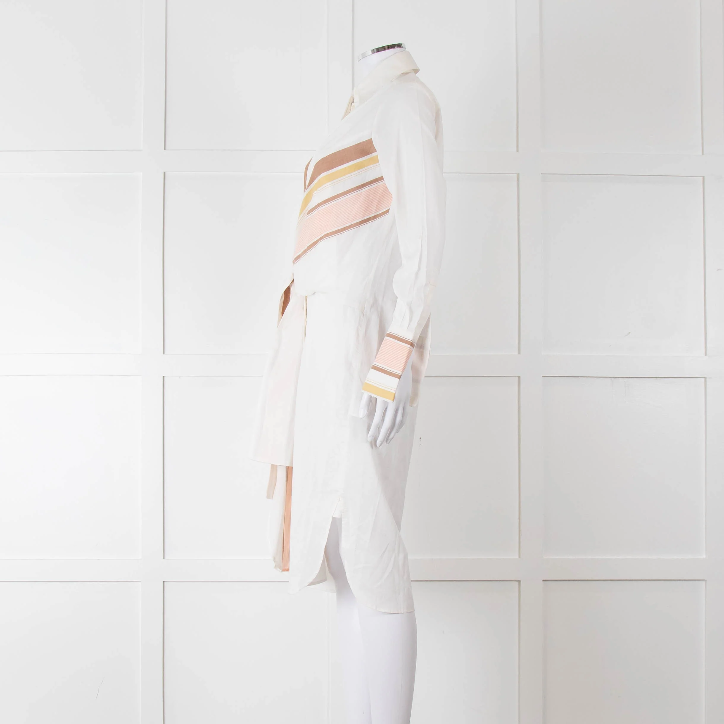 Victoria Victoria Beckham Cream Orange Striped Fine Cotton Tie Up Shirt Dress - Image 7
