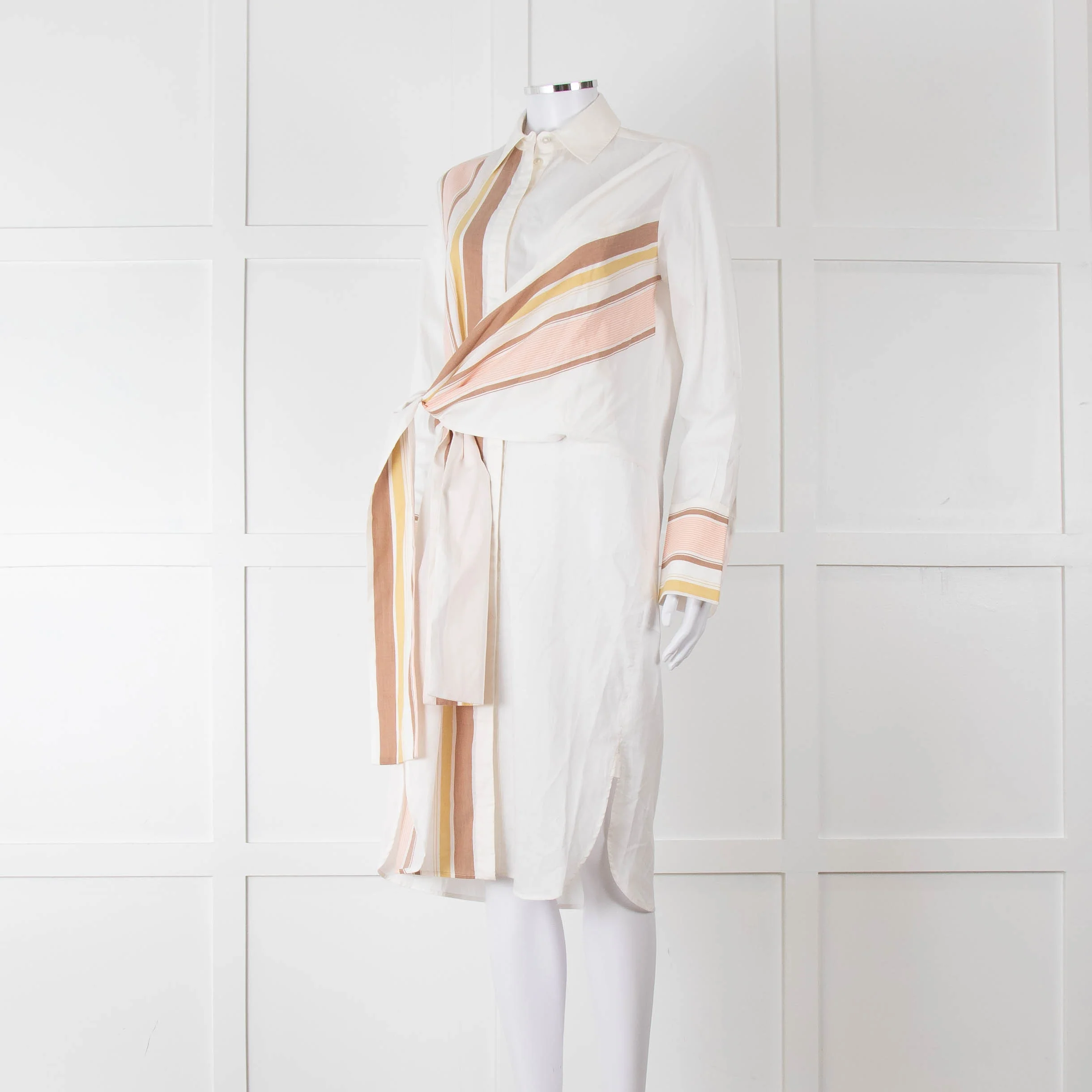 Victoria Victoria Beckham Cream Orange Striped Fine Cotton Tie Up Shirt Dress - Image 8