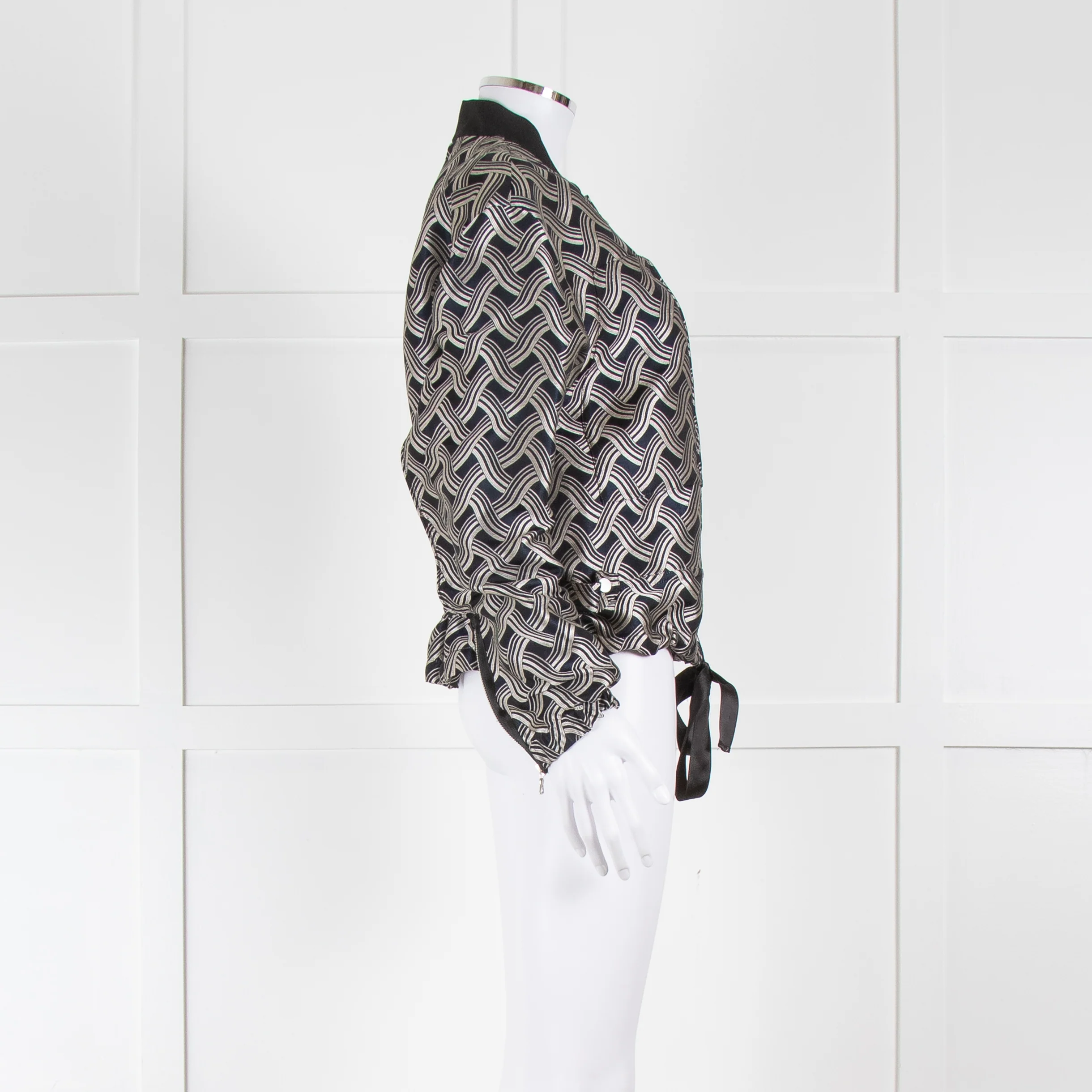 Victoria Victoria Beckham Navy Silver Woven Pattern Gathered Bomber Jacket - Image 3