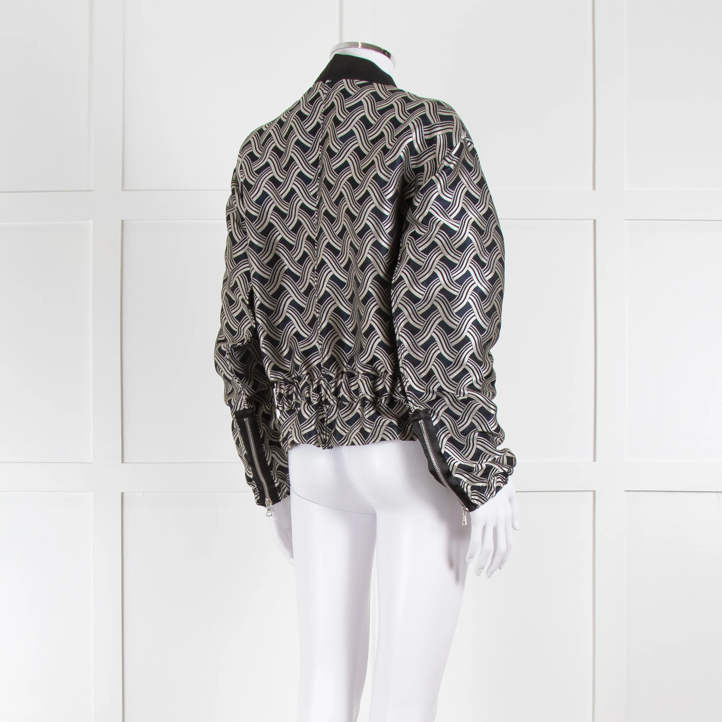 Victoria Victoria Beckham Navy Silver Woven Pattern Gathered Bomber Jacket - Image 4
