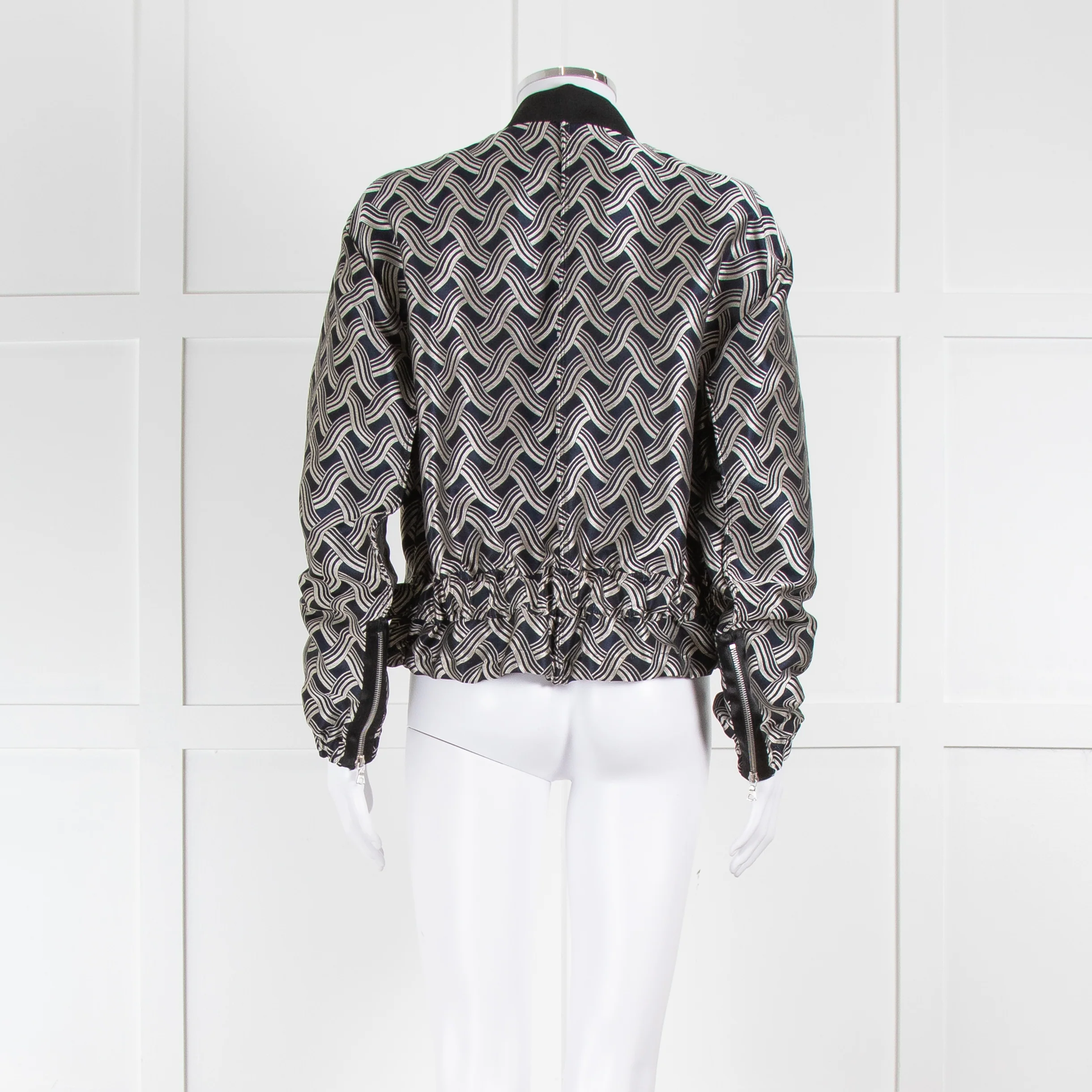 Victoria Victoria Beckham Navy Silver Woven Pattern Gathered Bomber Jacket - Image 5