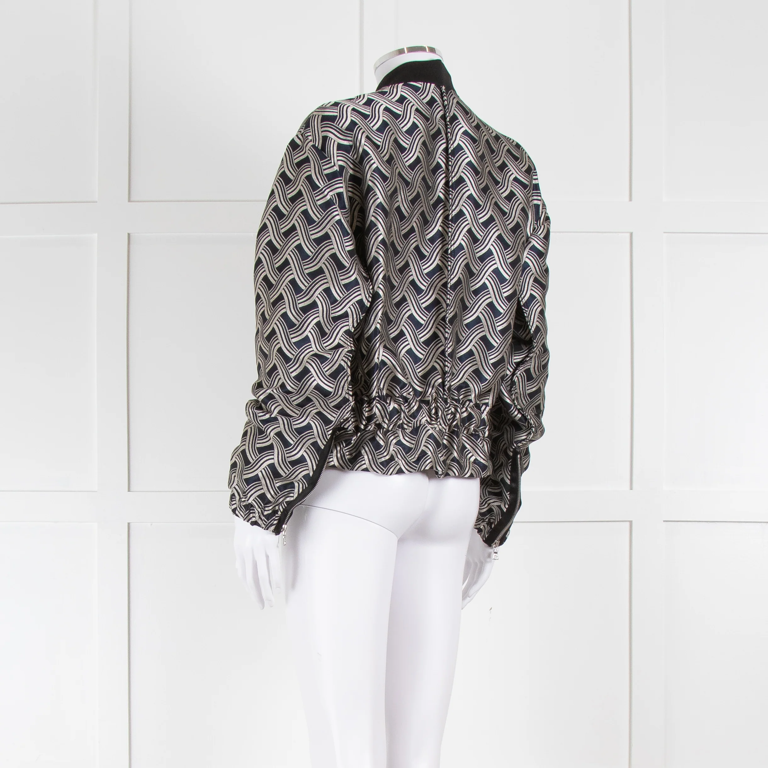Victoria Victoria Beckham Navy Silver Woven Pattern Gathered Bomber Jacket - Image 6