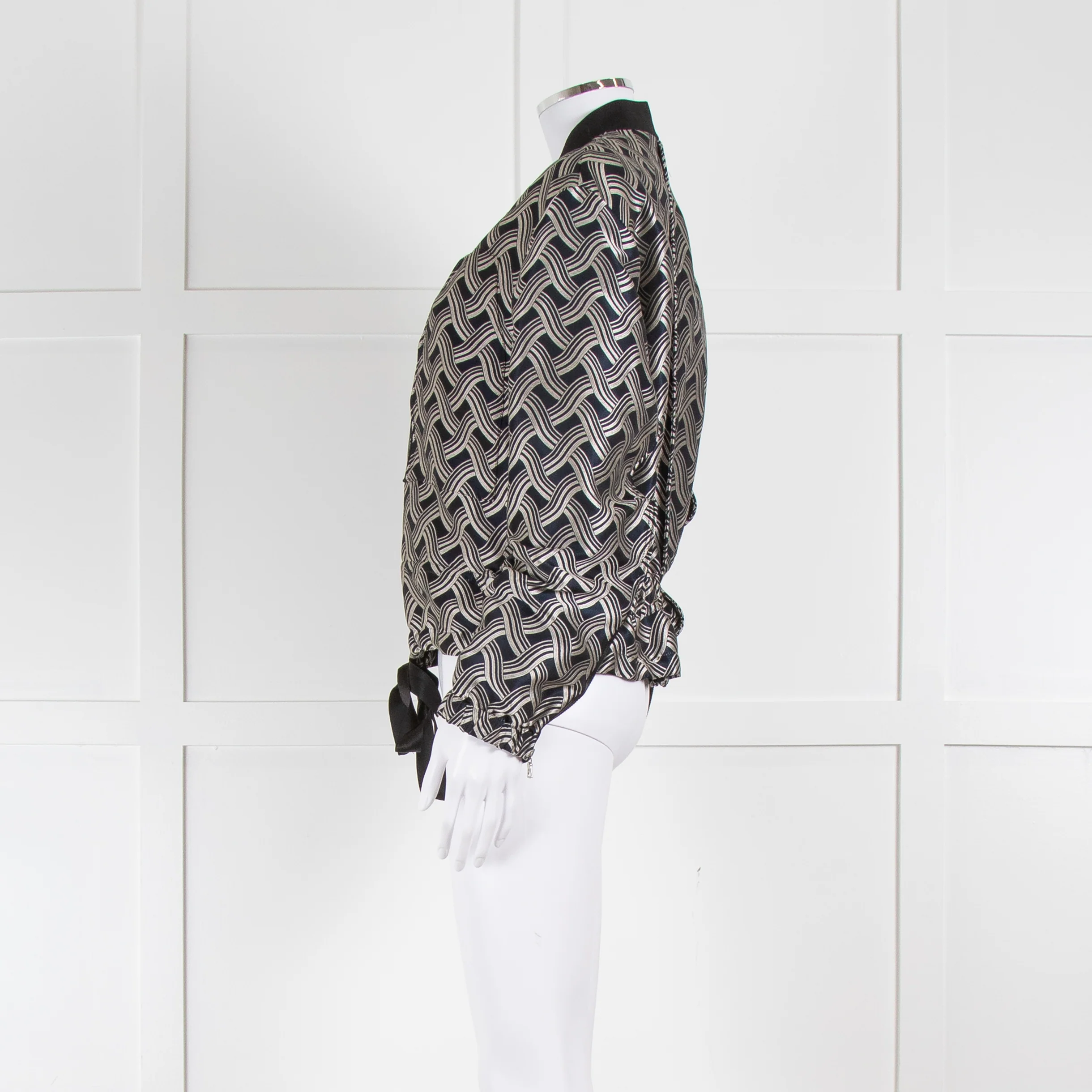 Victoria Victoria Beckham Navy Silver Woven Pattern Gathered Bomber Jacket - Image 7
