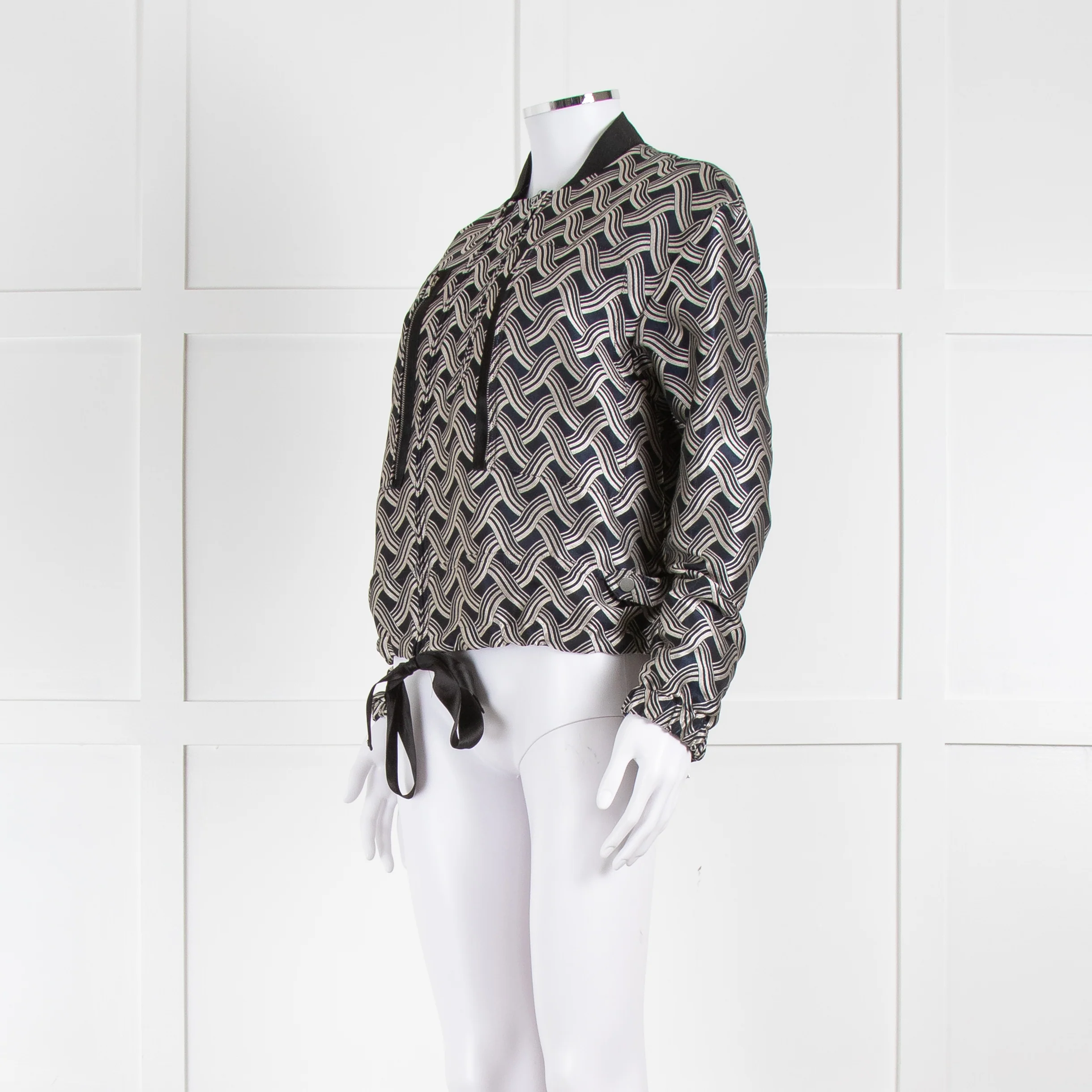 Victoria Victoria Beckham Navy Silver Woven Pattern Gathered Bomber Jacket - Image 8