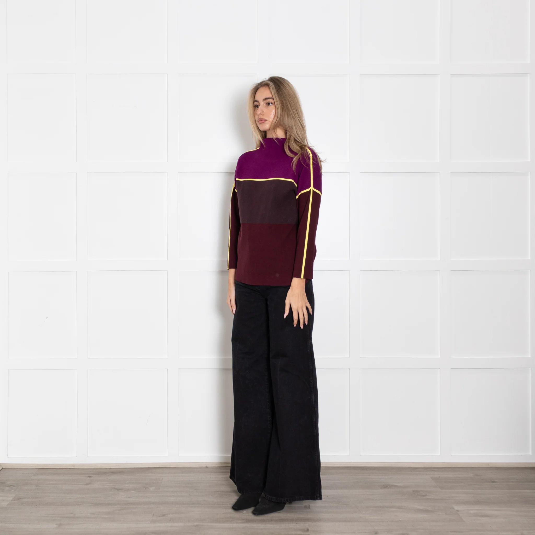 Victoria Victoria Beckham Purple & Yellow Colour Block Funnel Neck Jumper - Image 3