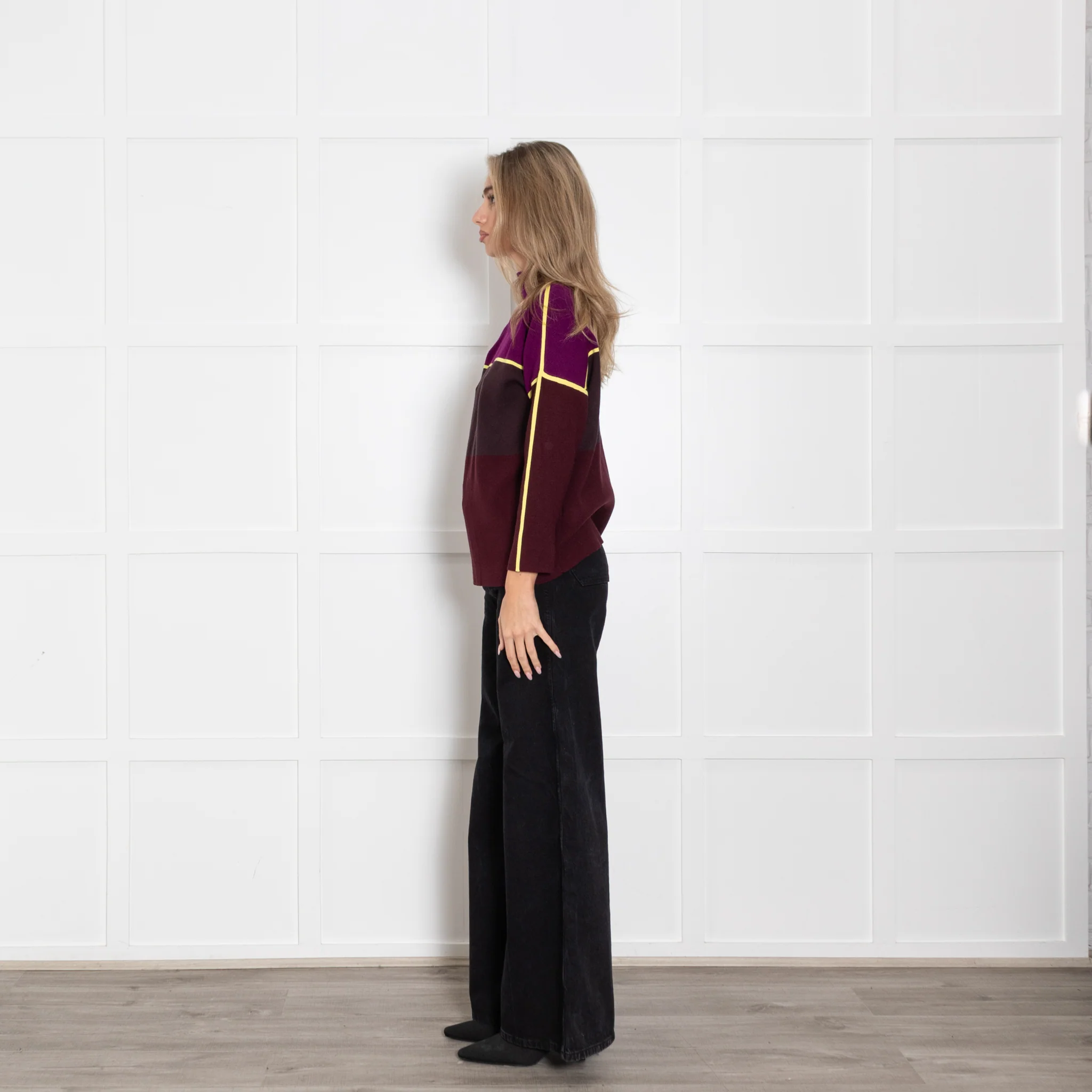 Victoria Victoria Beckham Purple & Yellow Colour Block Funnel Neck Jumper - Image 4