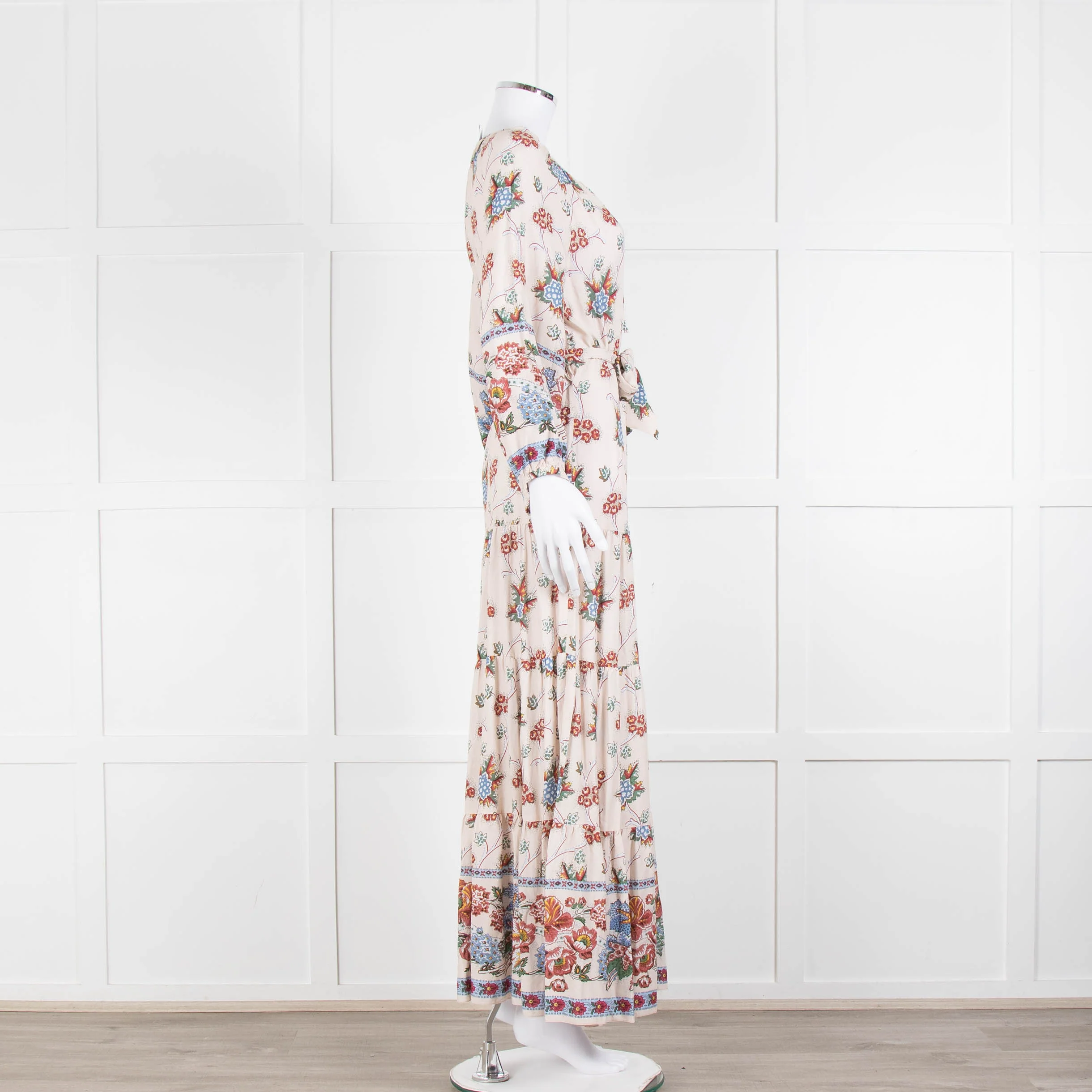 Vilshenko Beige Tan Blue Floral Tiered Long Sleeve Maxi Dress - Image 3