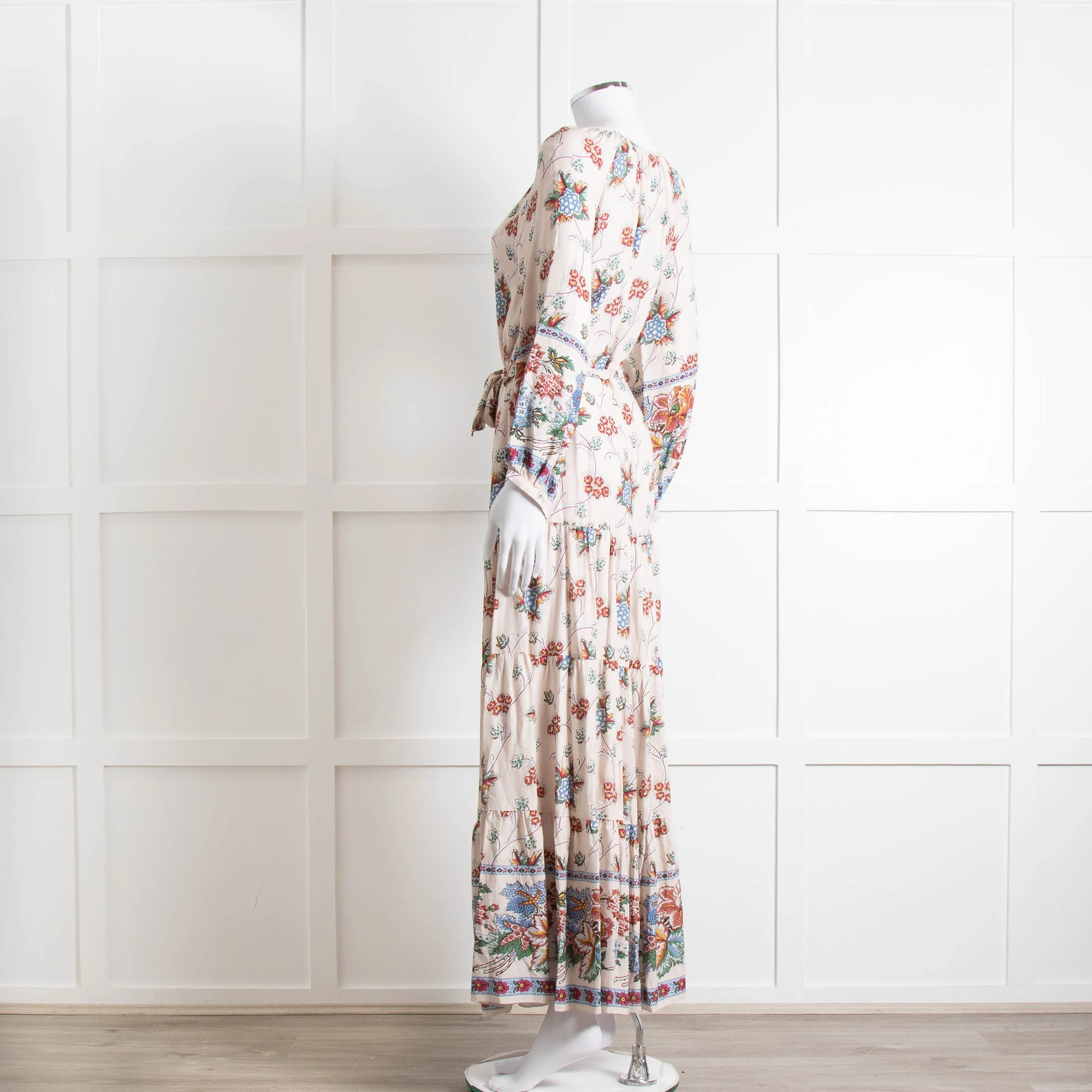 Vilshenko Beige Tan Blue Floral Tiered Long Sleeve Maxi Dress - Image 6