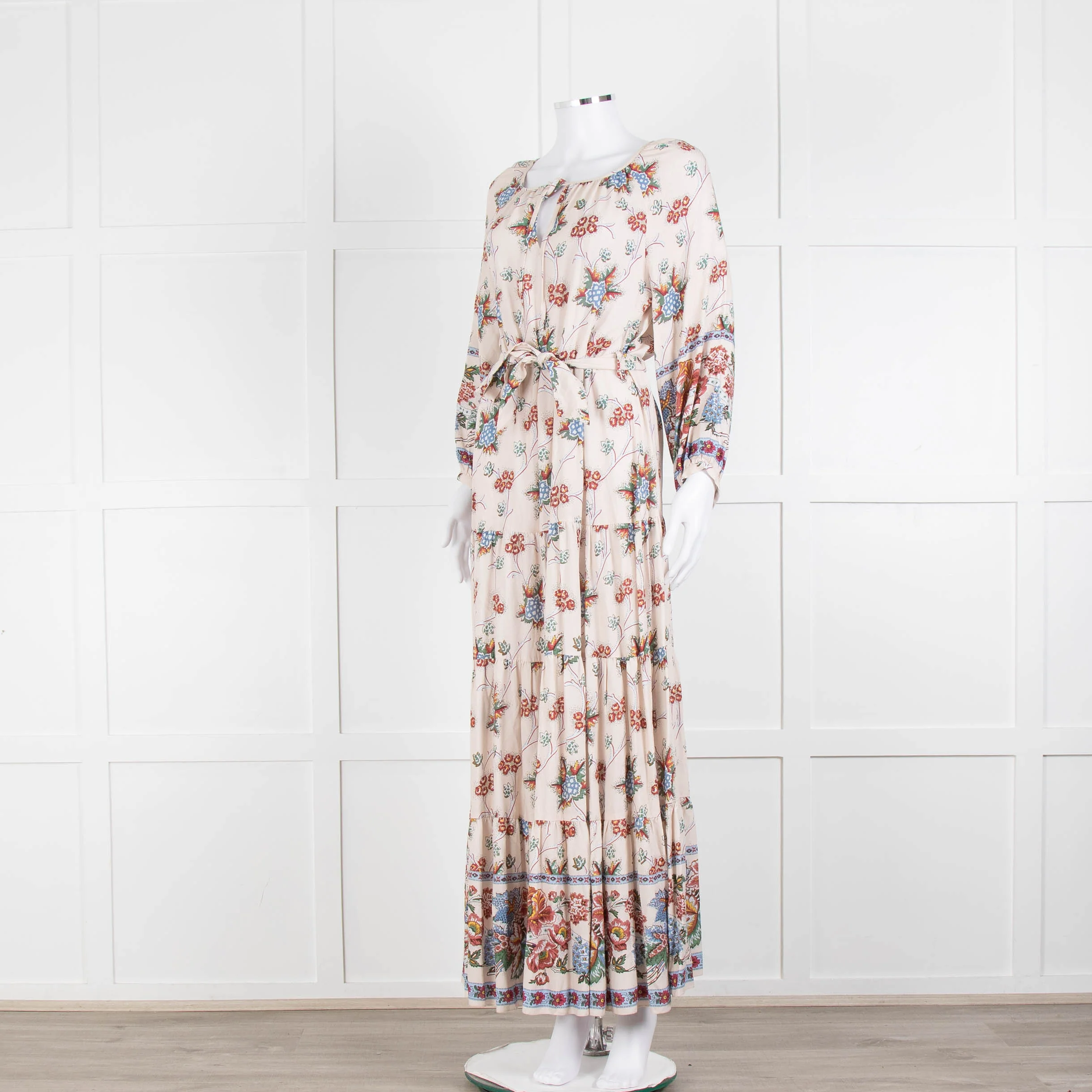 Vilshenko Beige Tan Blue Floral Tiered Long Sleeve Maxi Dress - Image 8