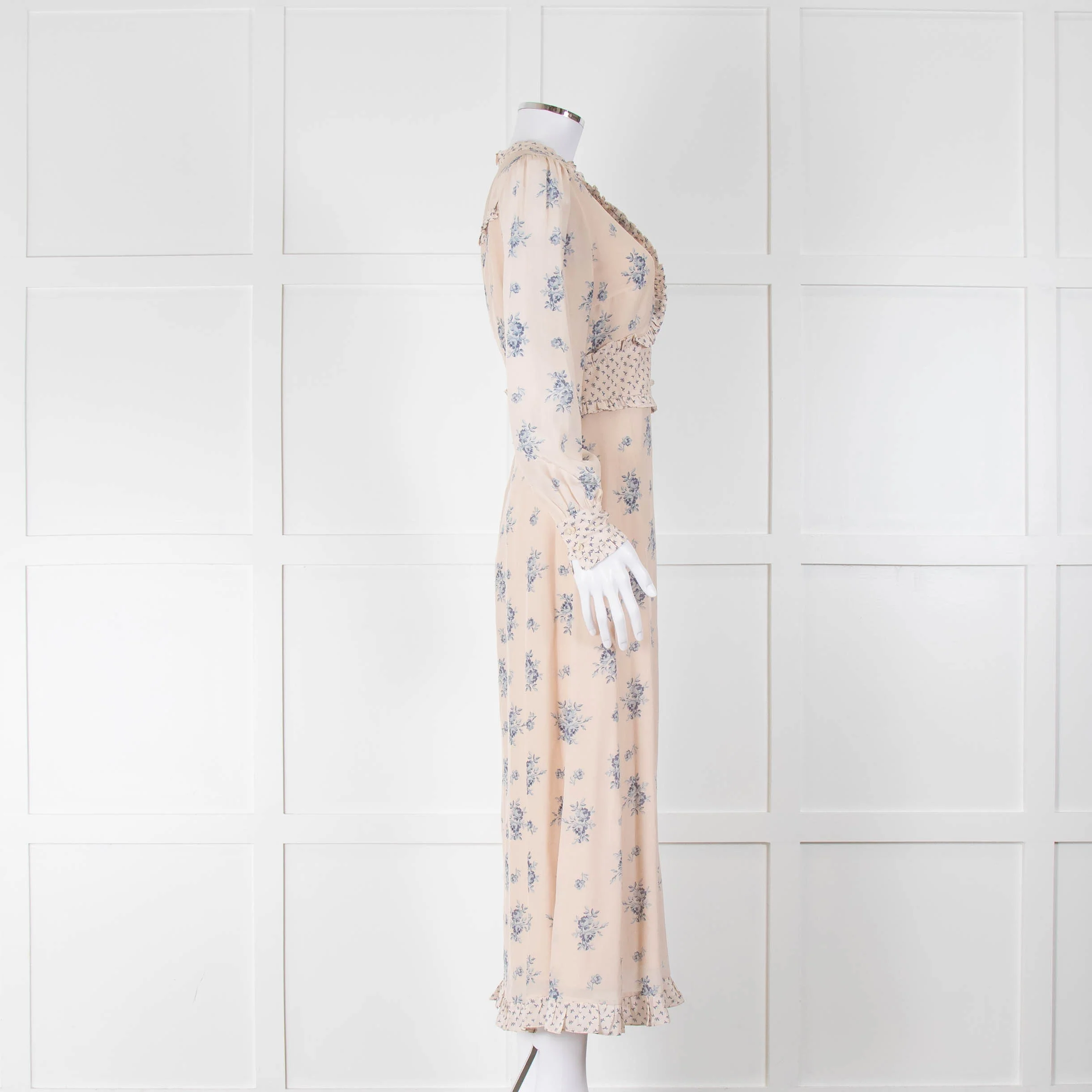 Vilshenko Light Beige Blue Floral Long Sleeve Silk Dress - Image 2