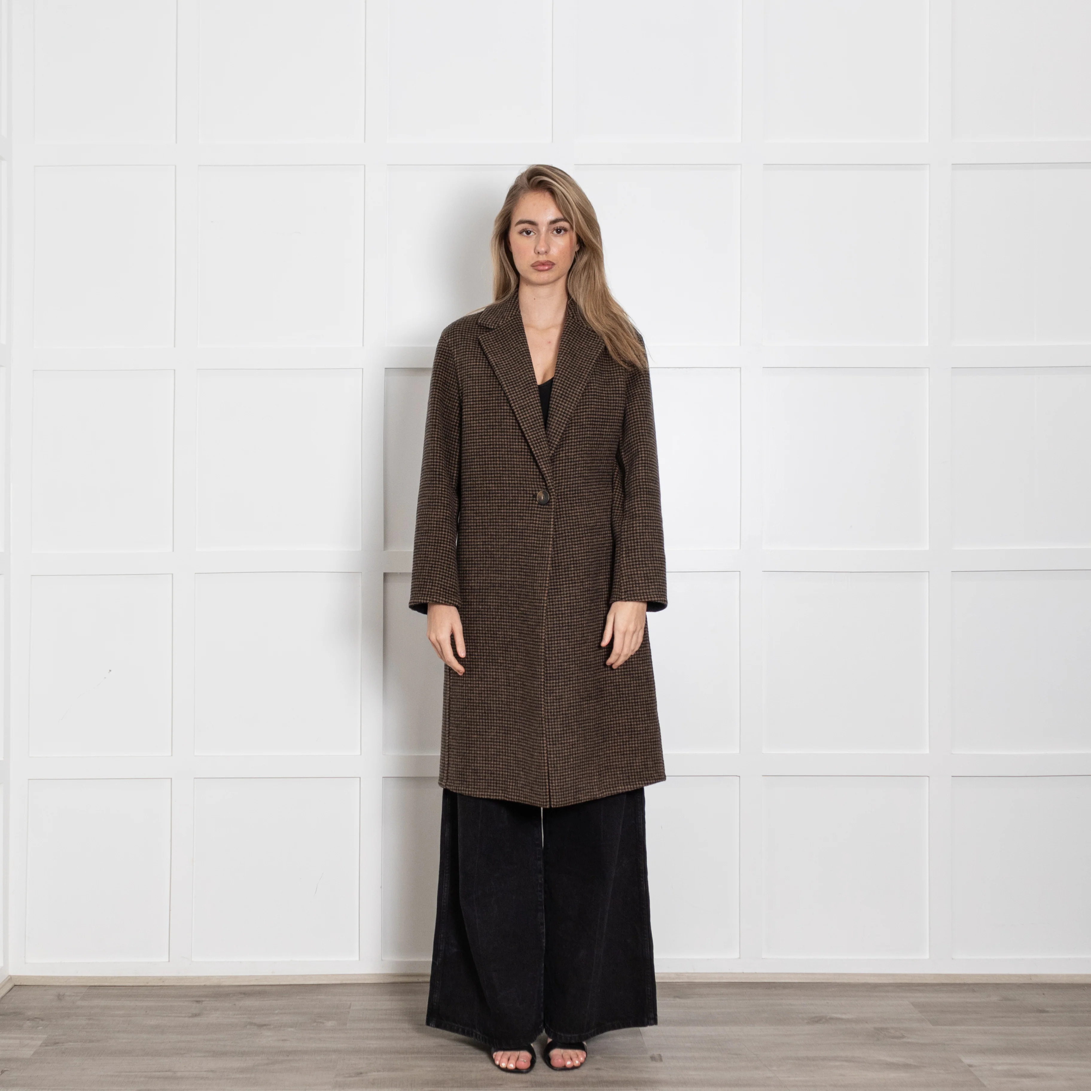 Vince Black and Brown Houndstooth Check Coat