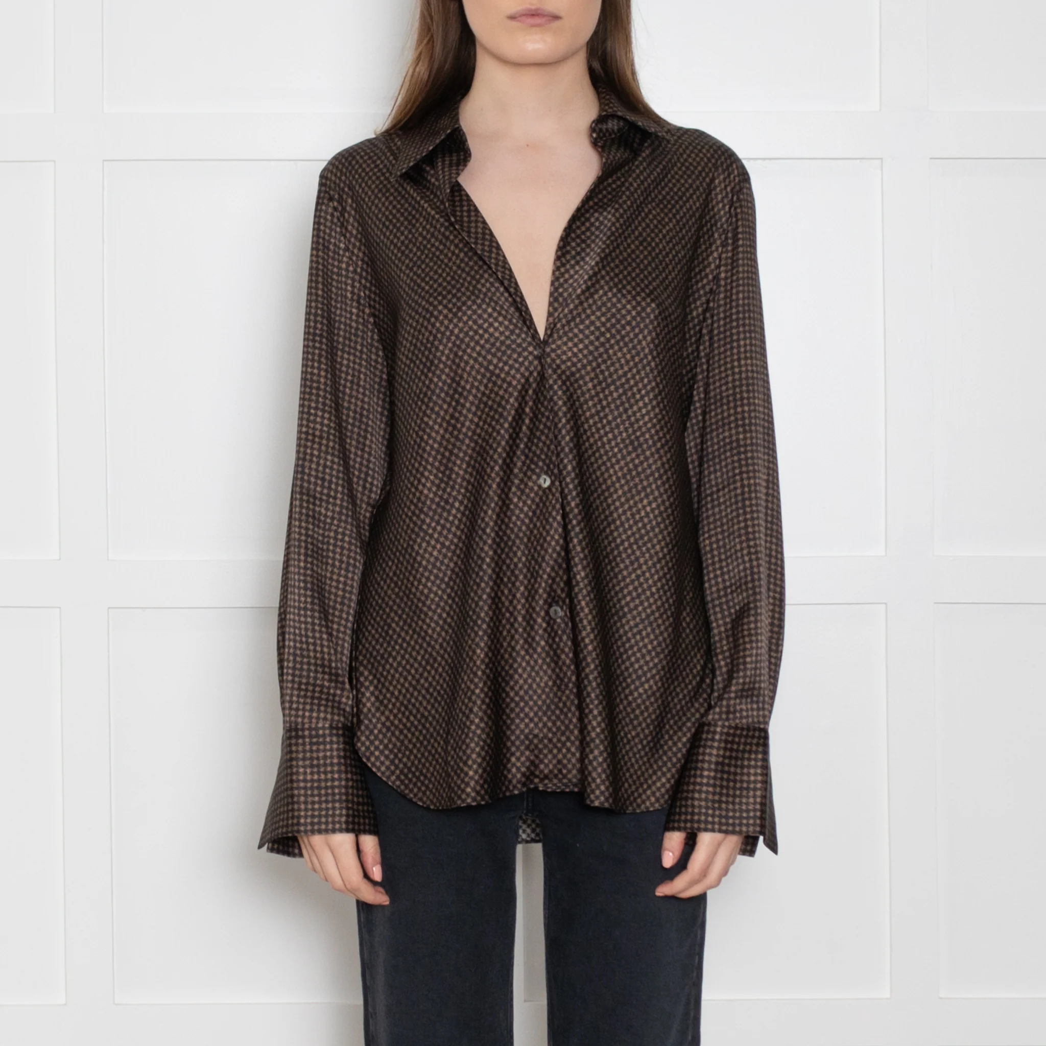Vince Black & Brown Print Silk Blouse - Image 2
