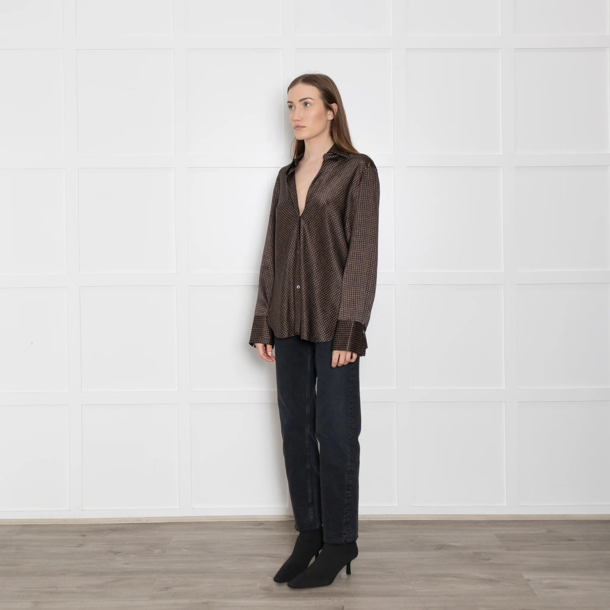 Vince Black & Brown Print Silk Blouse - Image 3