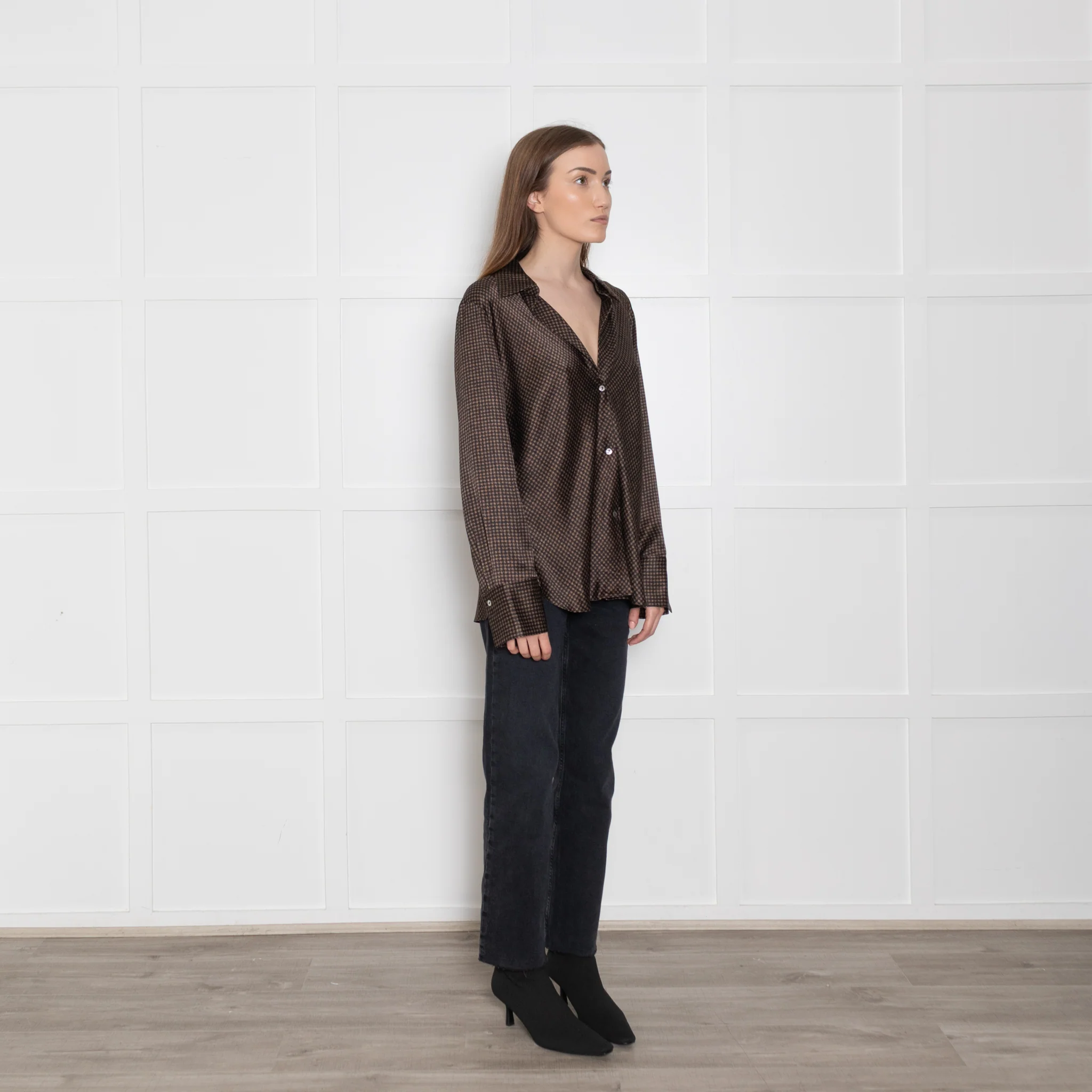 Vince Black & Brown Print Silk Blouse - Image 7
