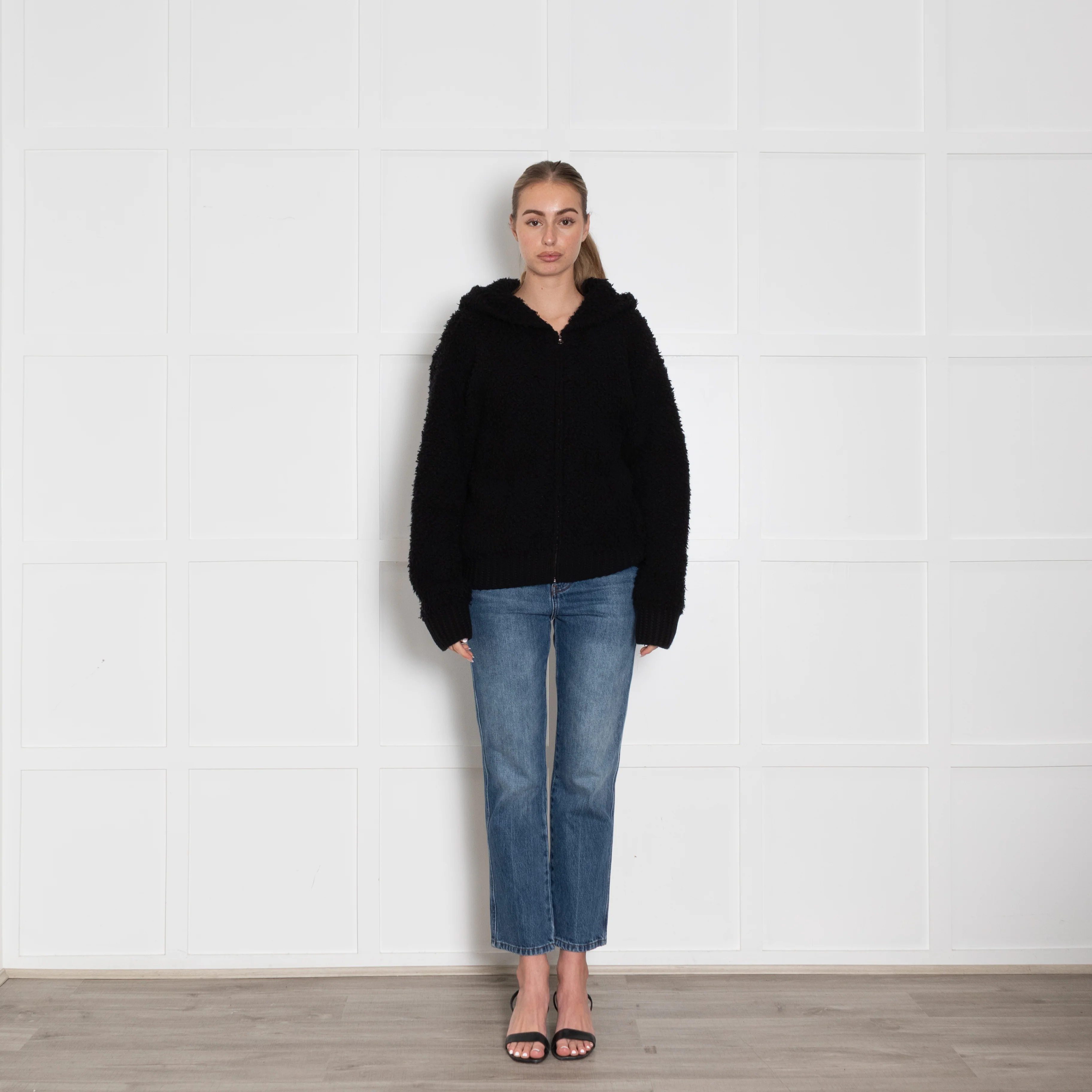 Vince Black Cashmere Blend Boucle Zip Up Hooded Cardigan