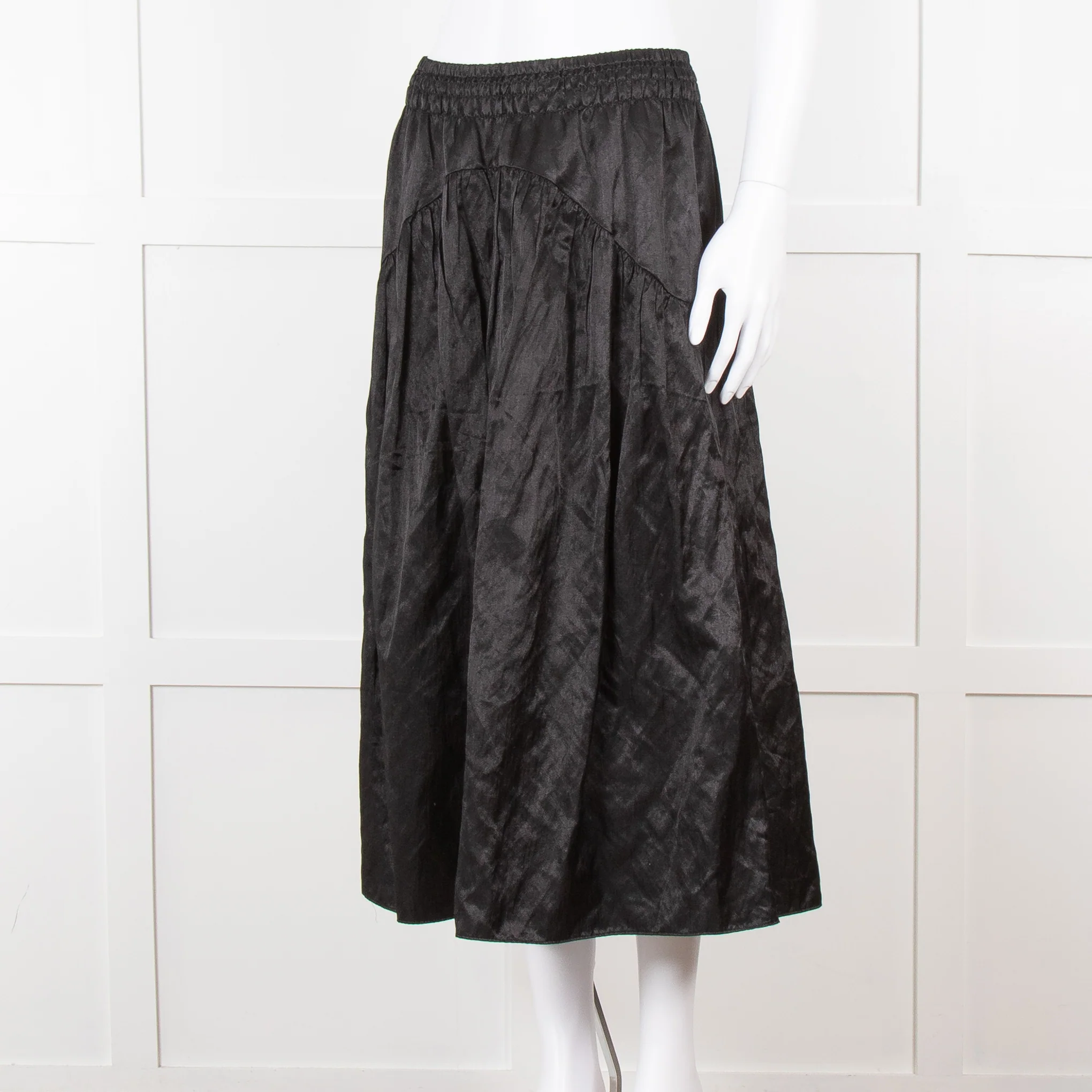Vince Black Satin Smock Waist Midi Skirt - Image 2