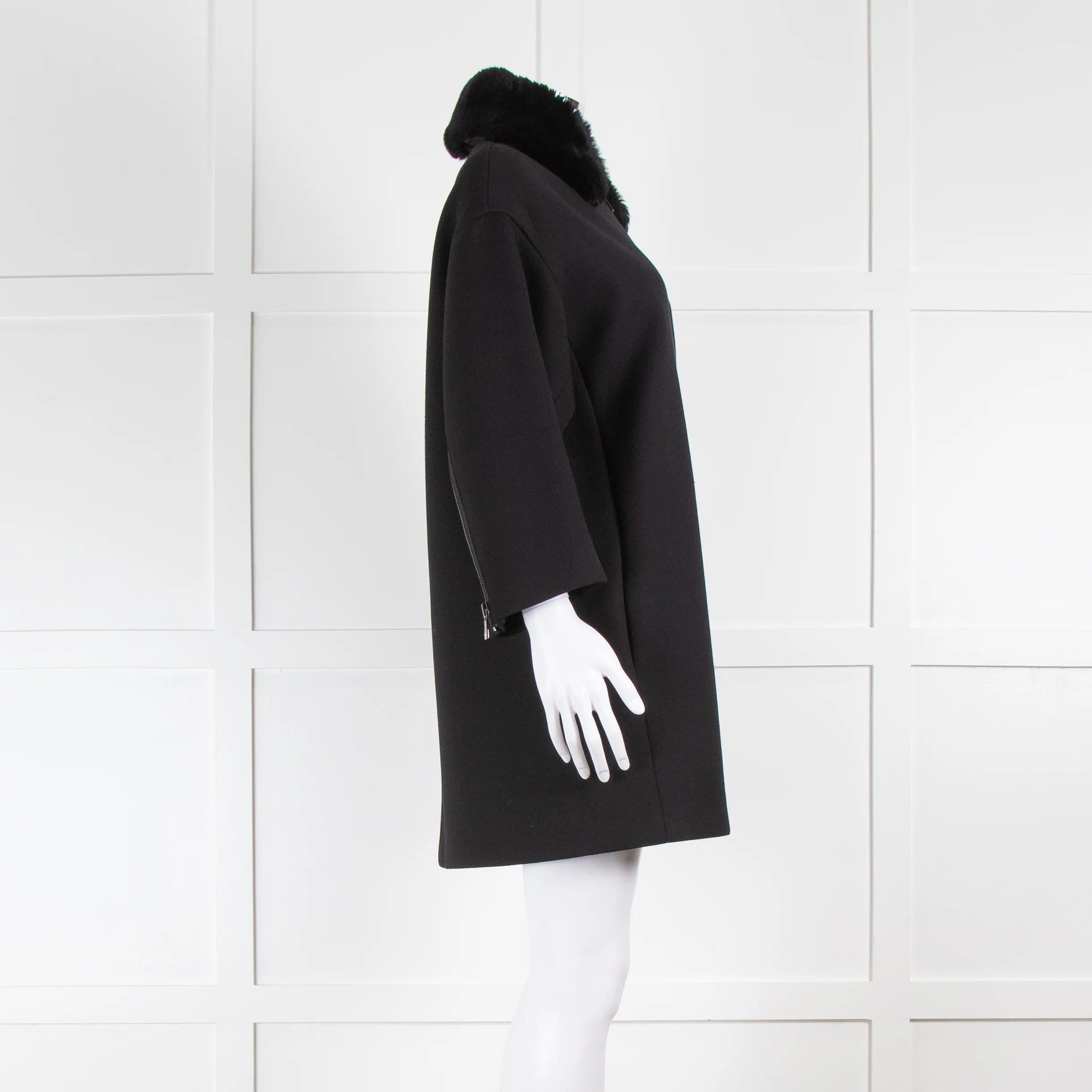 Vince Black Shift Coat with Detachable Rabbit Fur Collar - Image 3