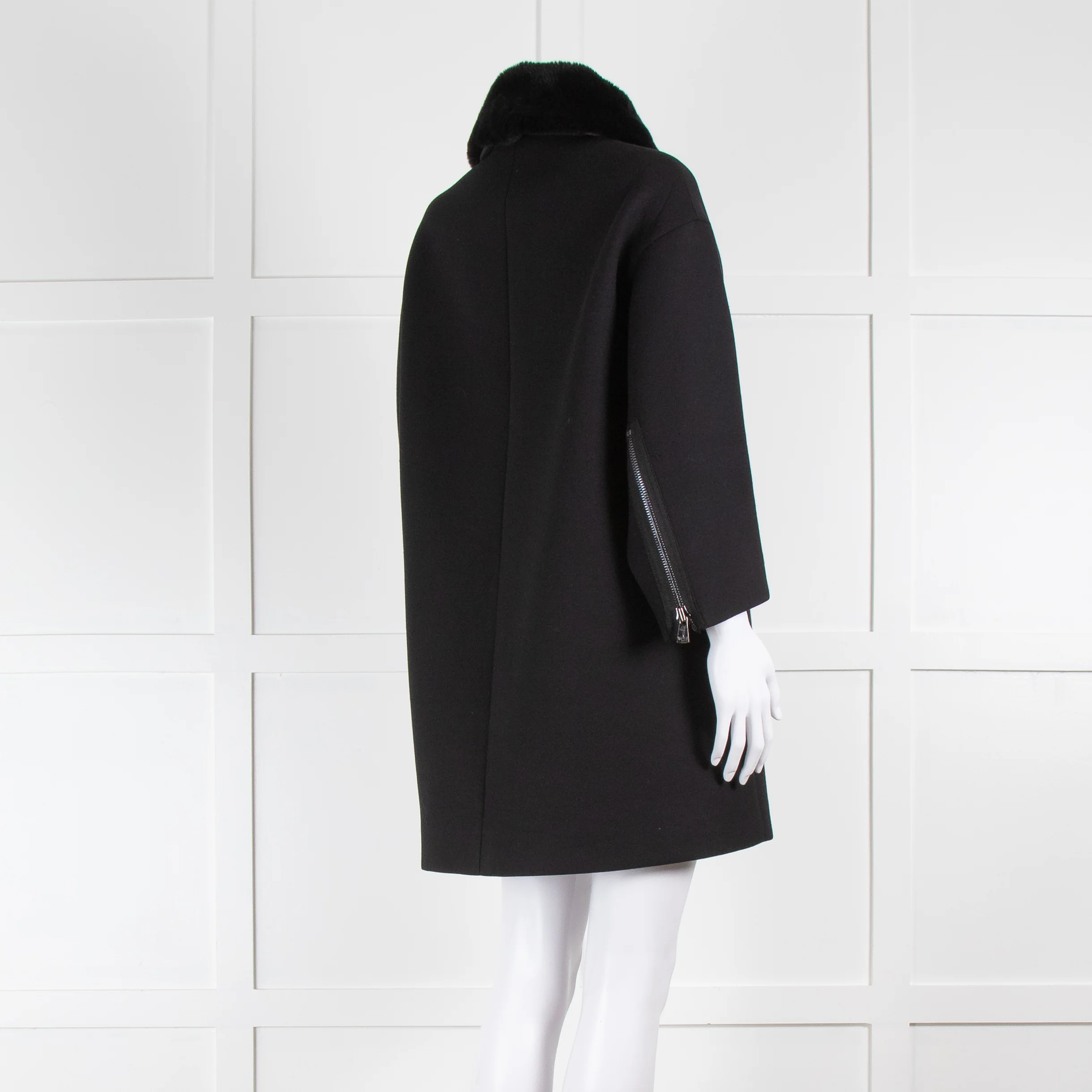 Vince Black Shift Coat with Detachable Rabbit Fur Collar - Image 4