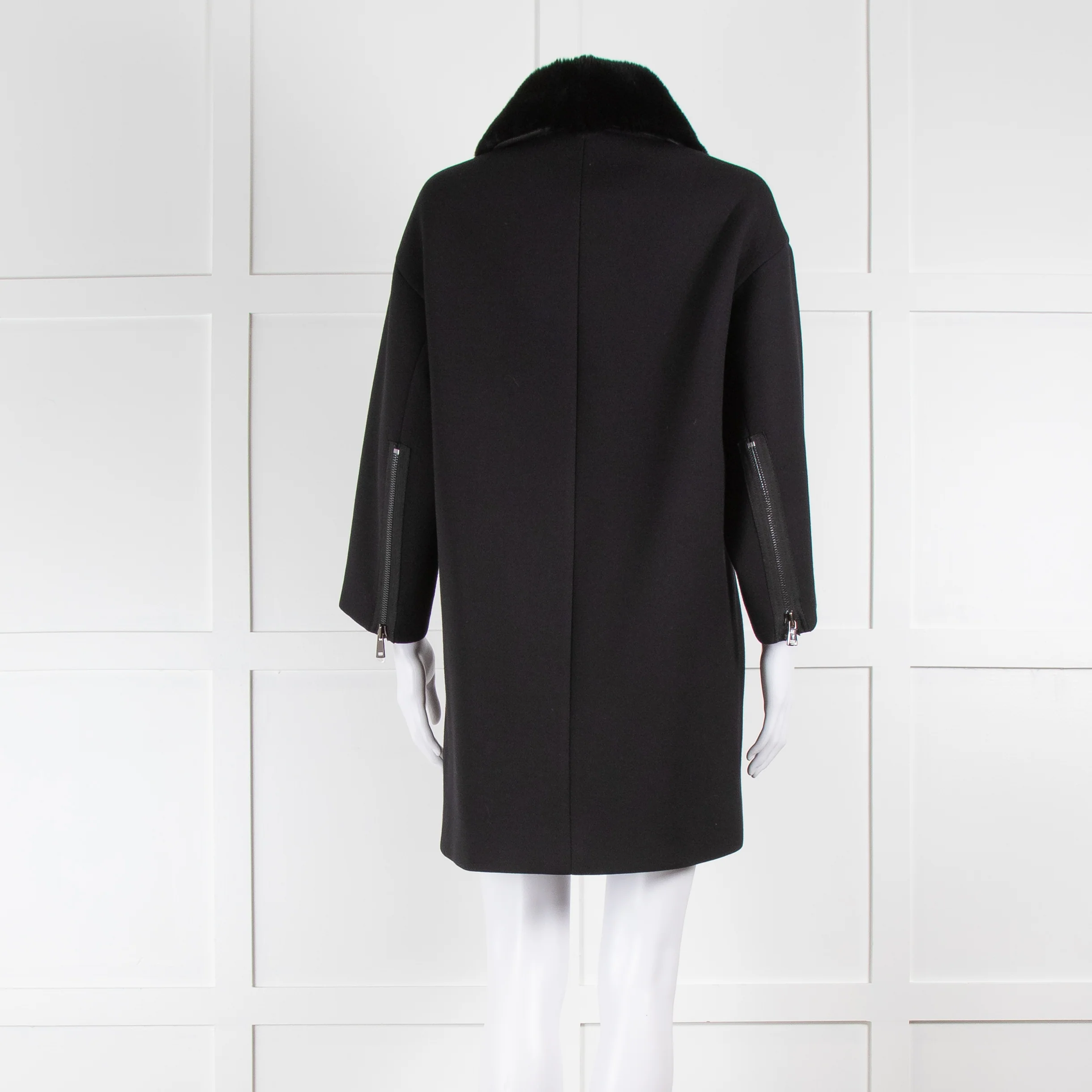 Vince Black Shift Coat with Detachable Rabbit Fur Collar - Image 5