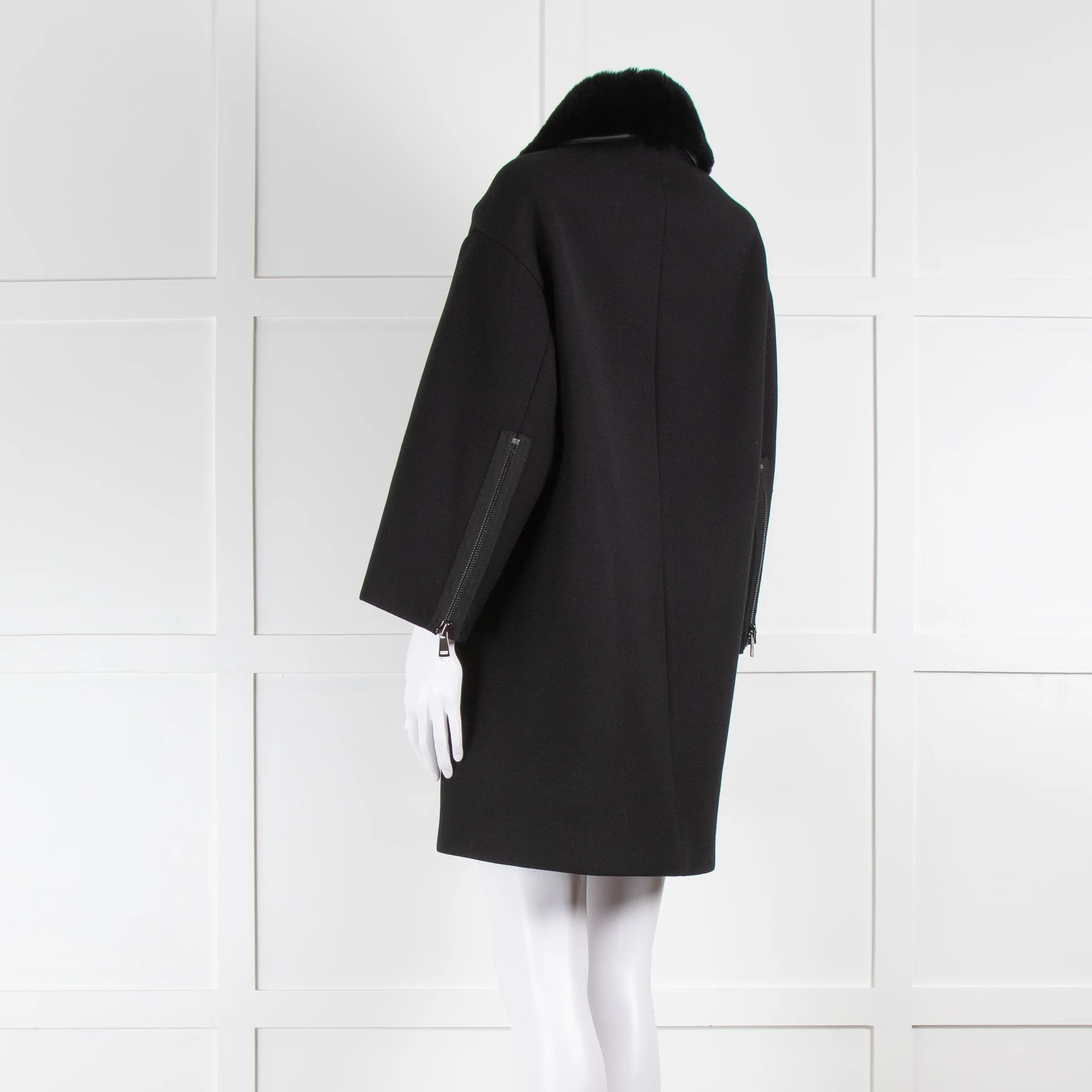 Vince Black Shift Coat with Detachable Rabbit Fur Collar - Image 6