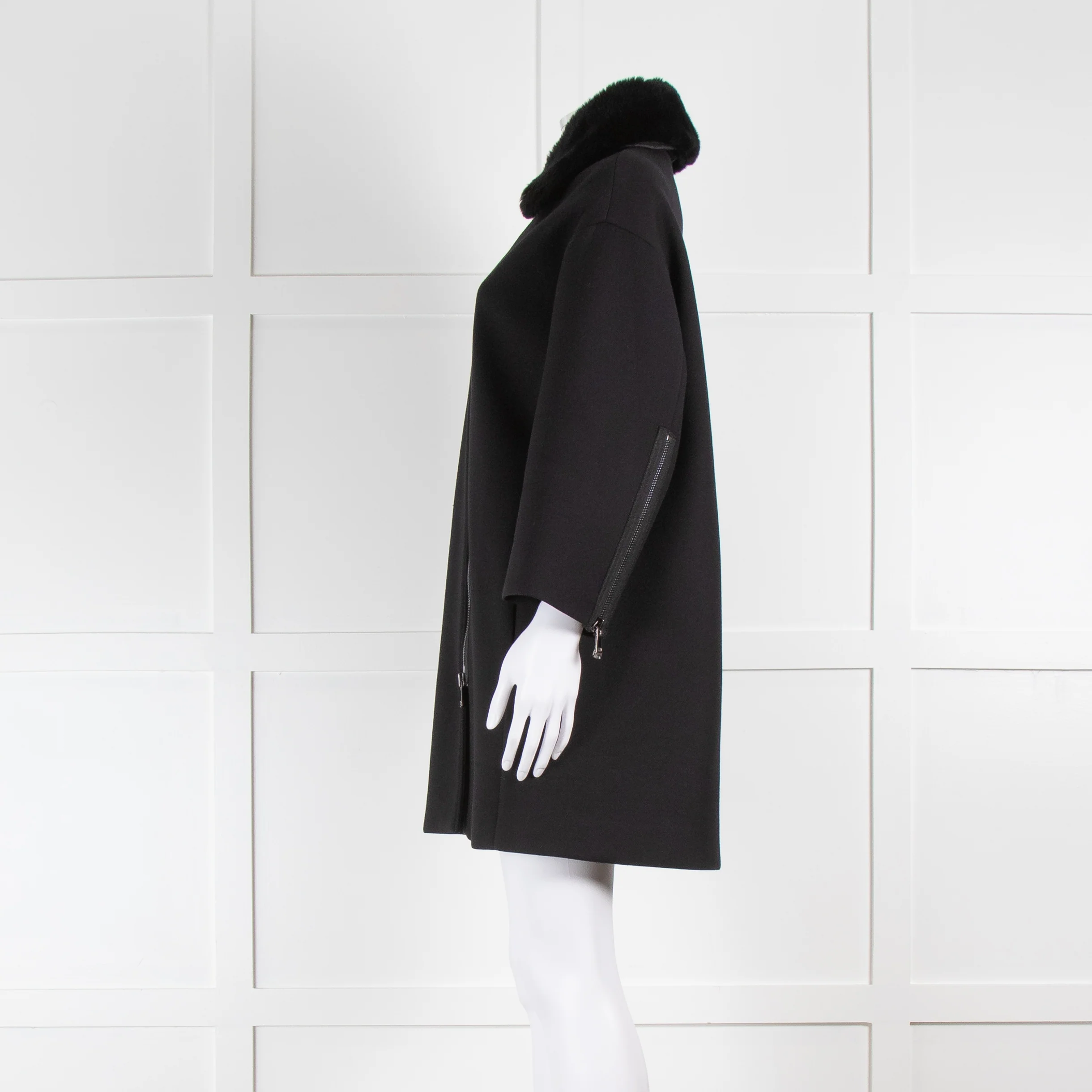 Vince Black Shift Coat with Detachable Rabbit Fur Collar - Image 7