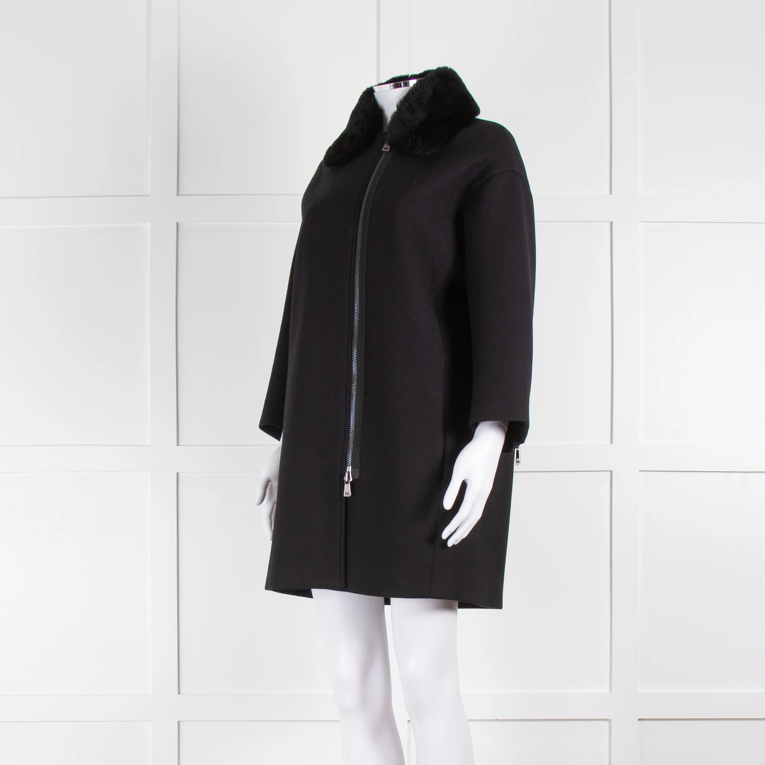 Vince Black Shift Coat with Detachable Rabbit Fur Collar - Image 8