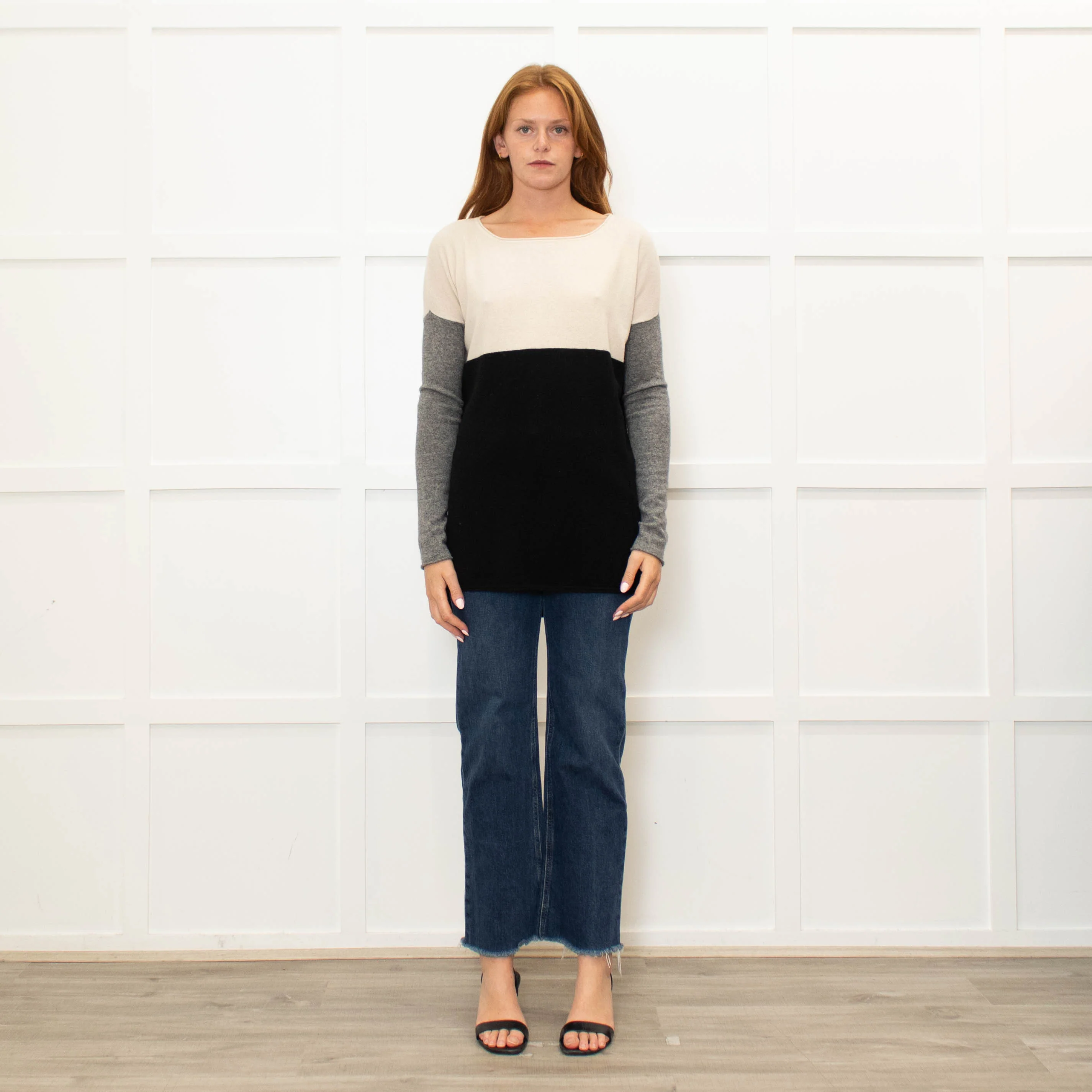 Vince Cream Grey Black Cashmere Blend Sweater