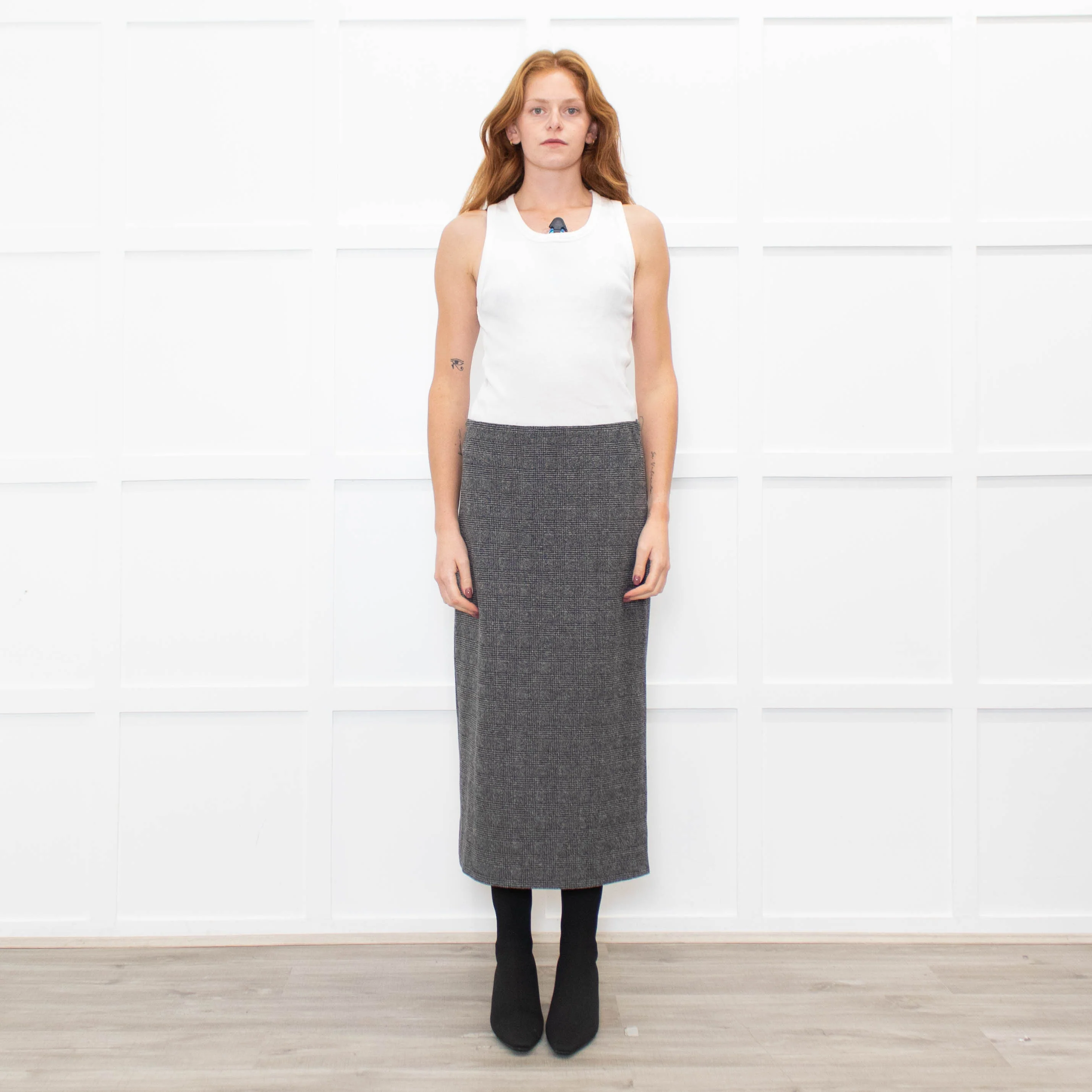 Vince Grey Check Stretchy Midi Skirt