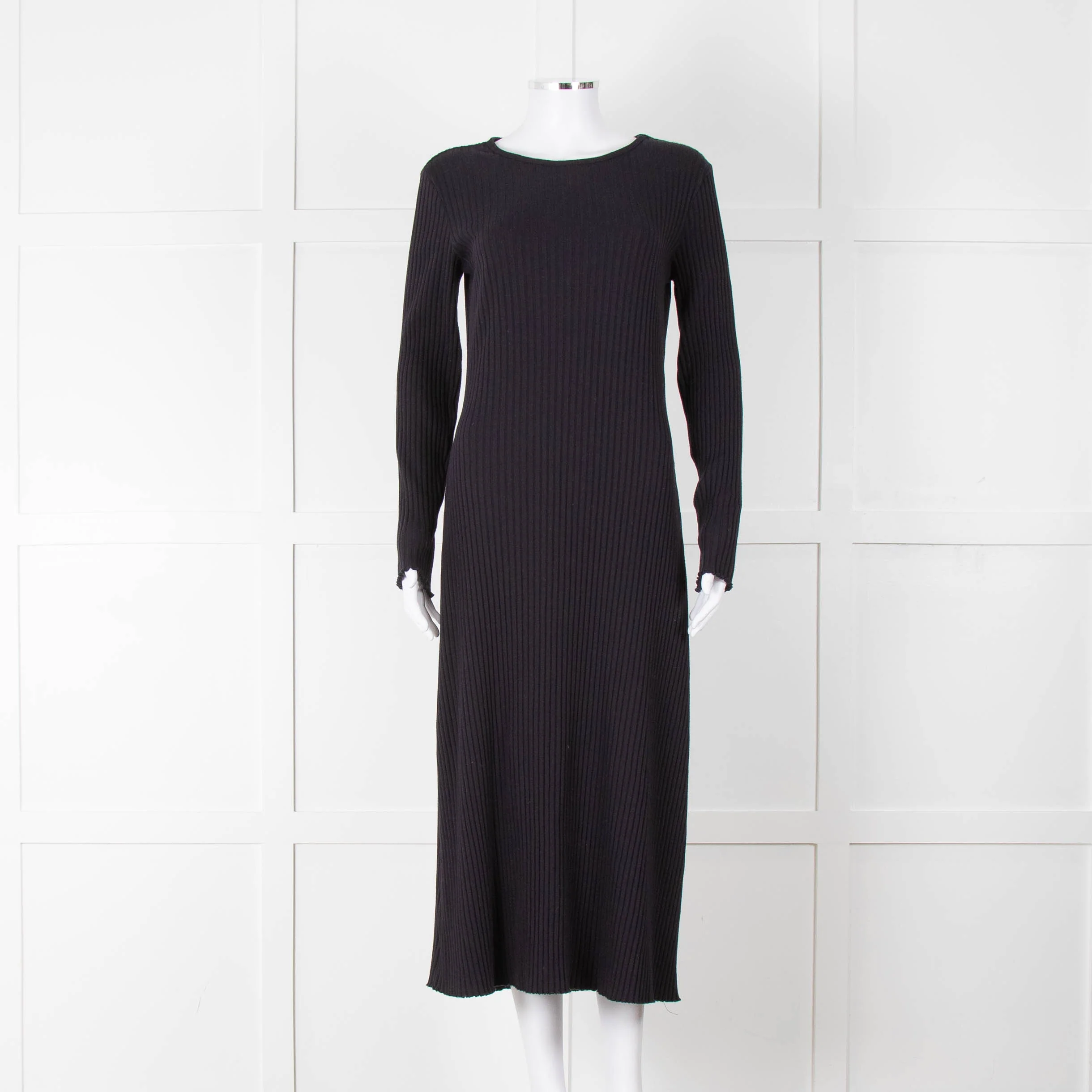 Vince Navy Blue Ribbed Cotton Long Sleeve Midi Dress