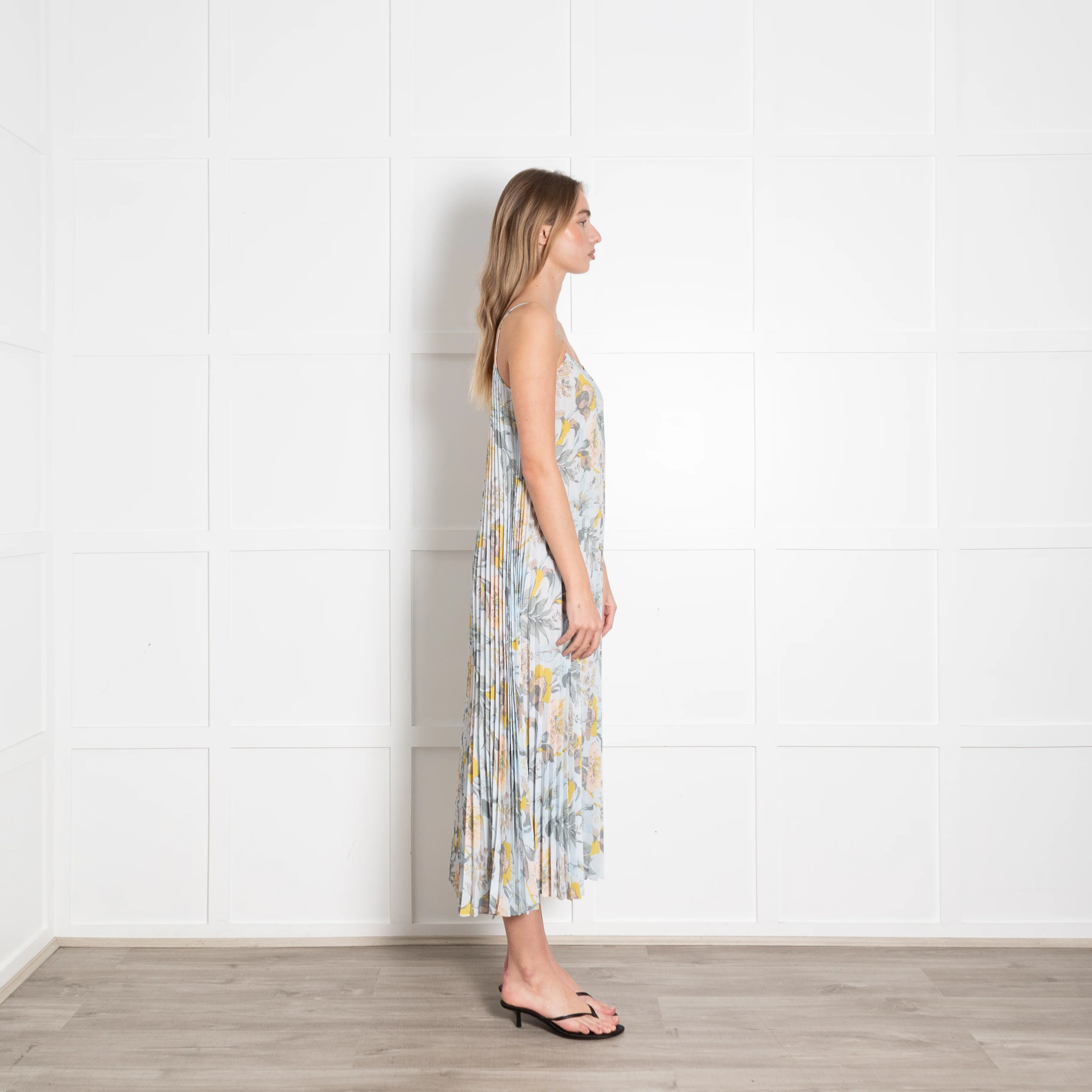 Vince Pale Blue and Green Floral Print Pleated Strappy Dress - Image 6