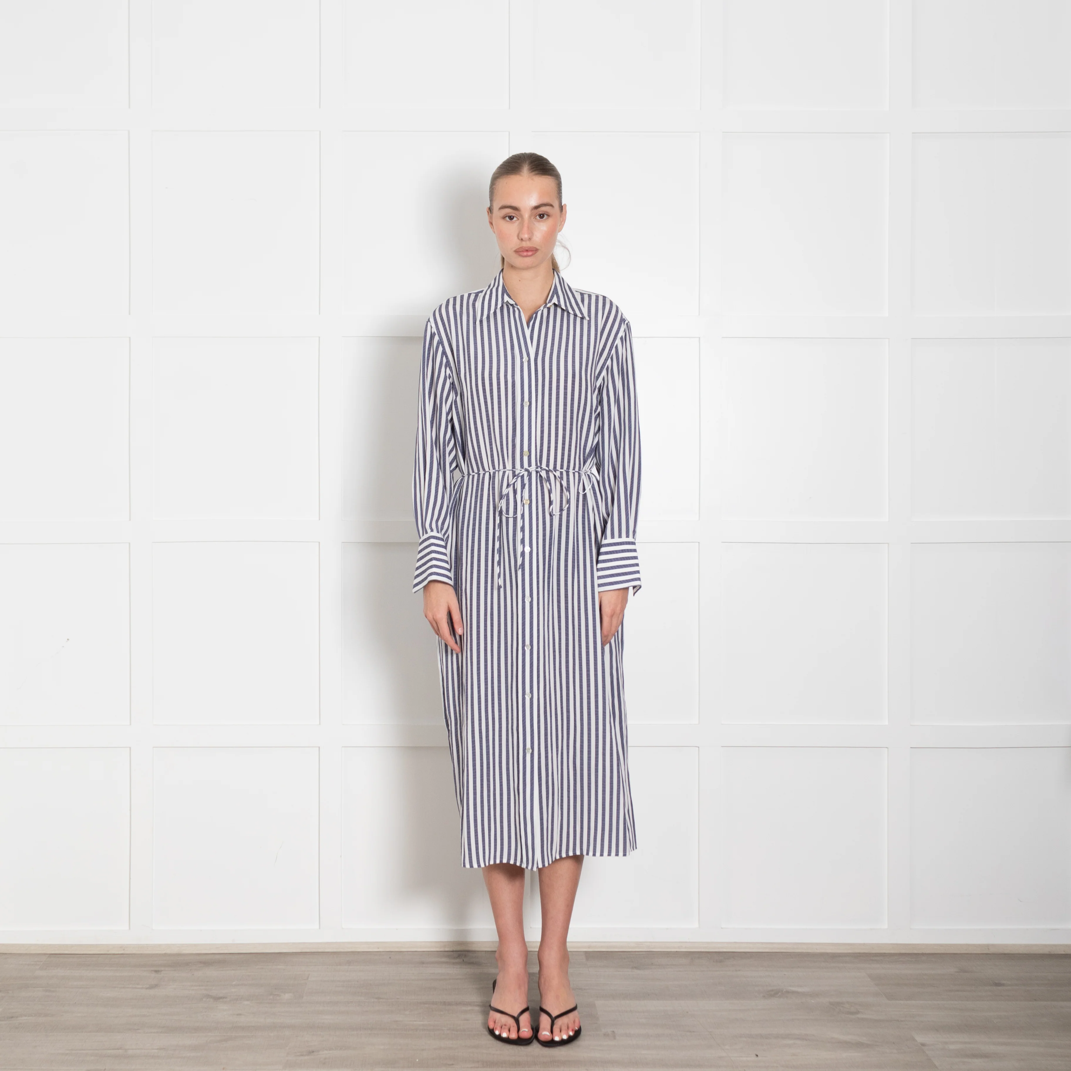 Vince White Blue Coast Striped Belted Shirt Dress