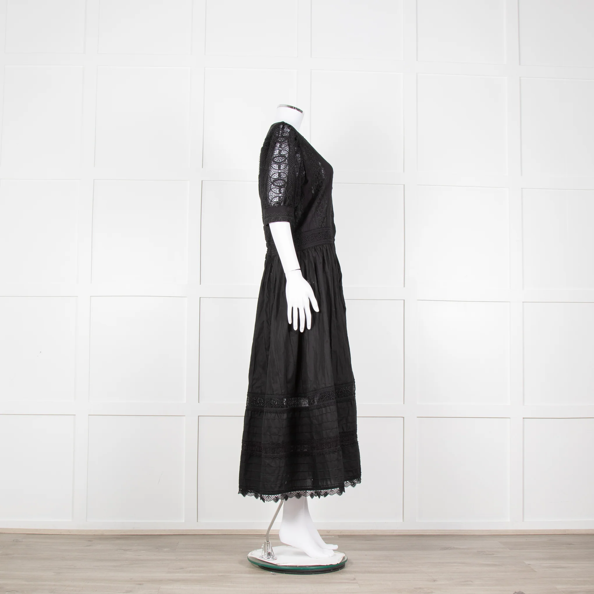 Waimari Black Cotton Lace Detail Puff Sleeve Maxi Dress - Image 3