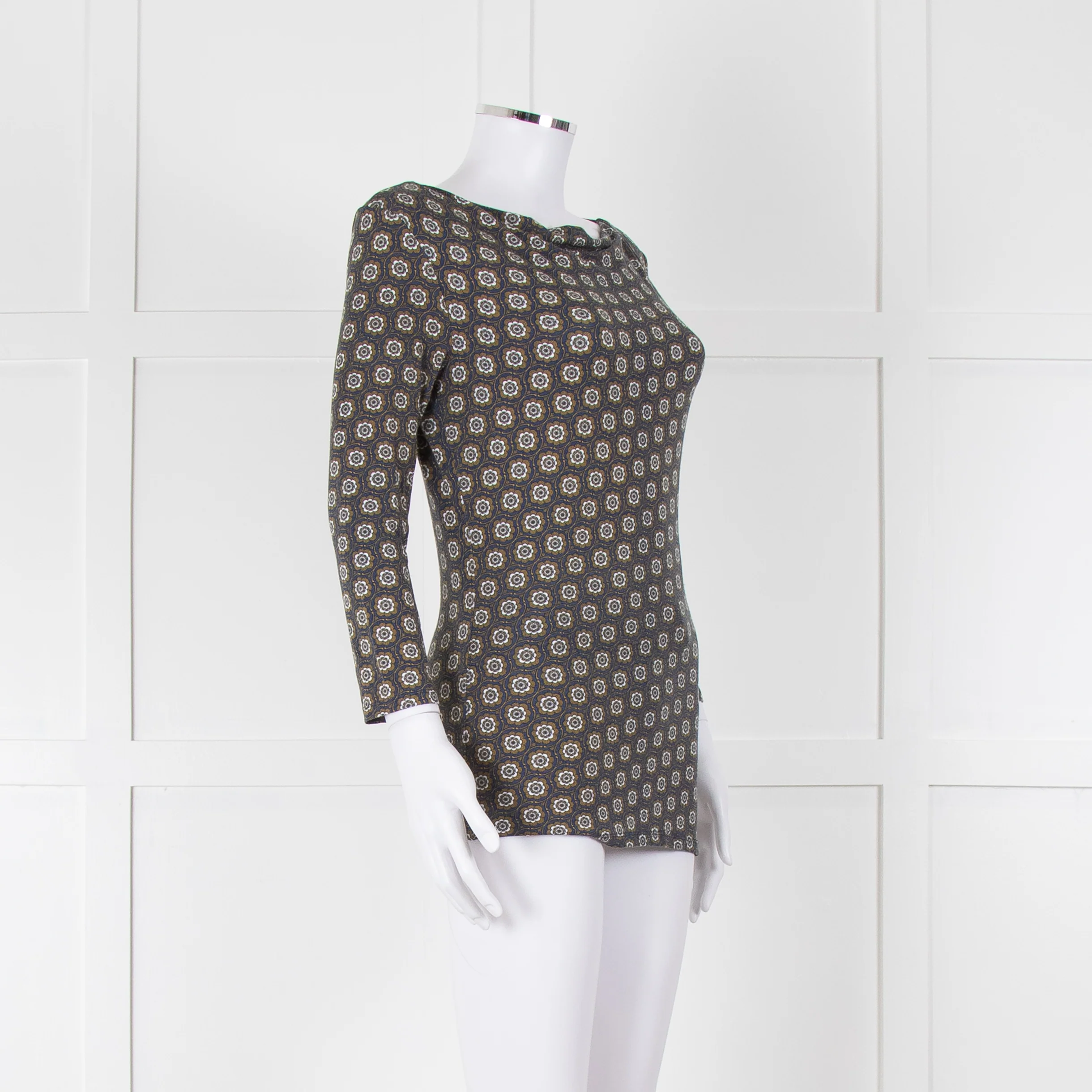 Weekend Max Mara Blue Khaki Flower Boat Neck Top - Image 2