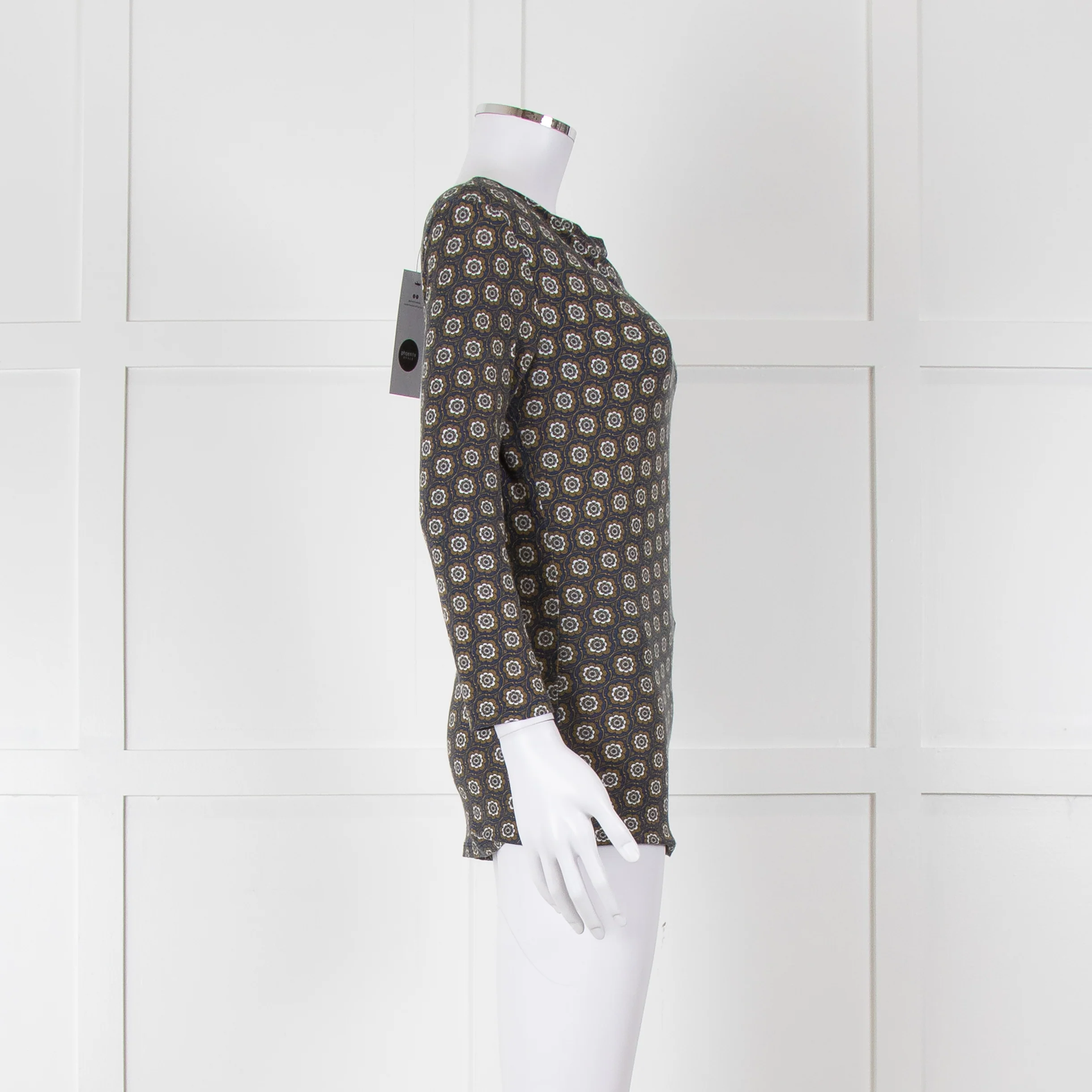 Weekend Max Mara Blue Khaki Flower Boat Neck Top - Image 3