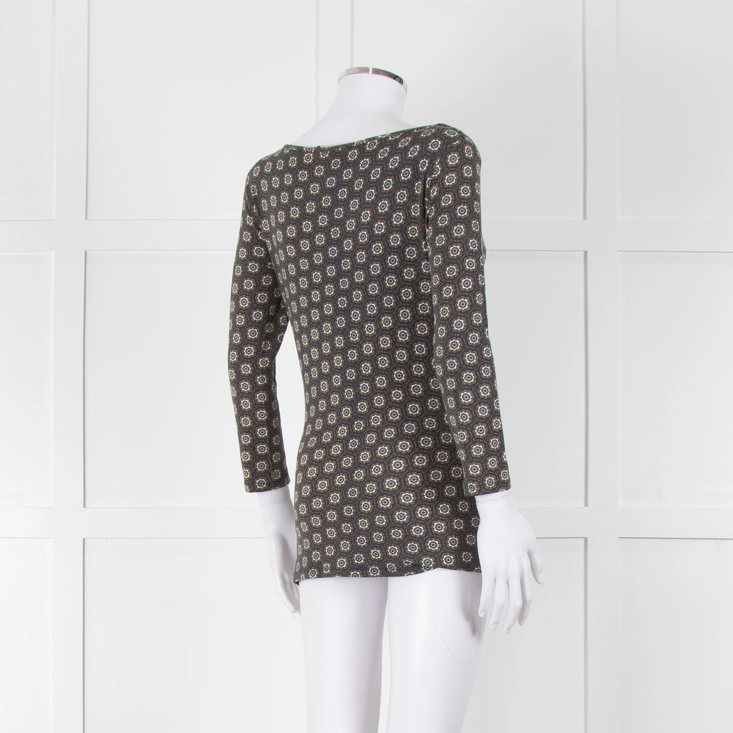 Weekend Max Mara Blue Khaki Flower Boat Neck Top - Image 4