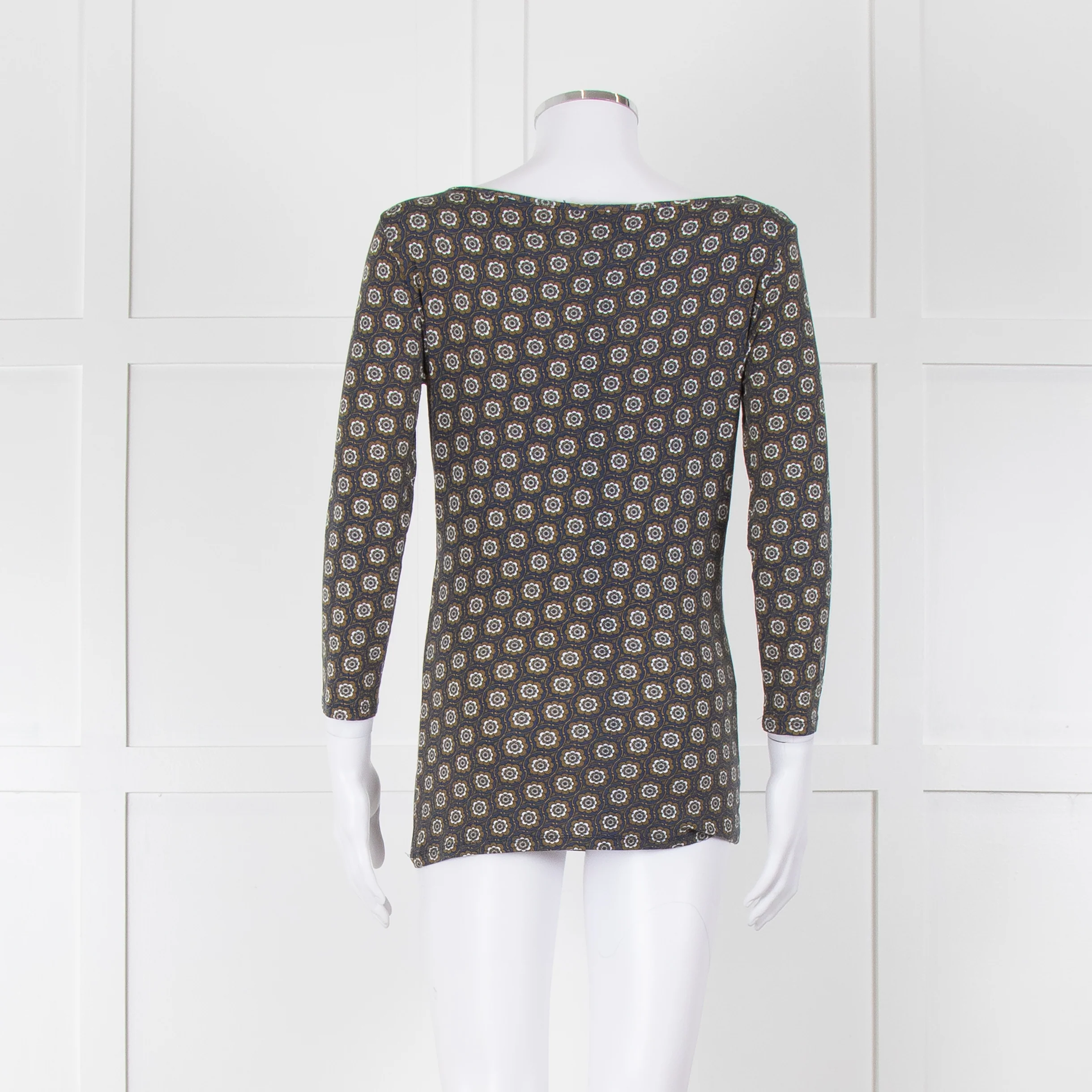 Weekend Max Mara Blue Khaki Flower Boat Neck Top - Image 5