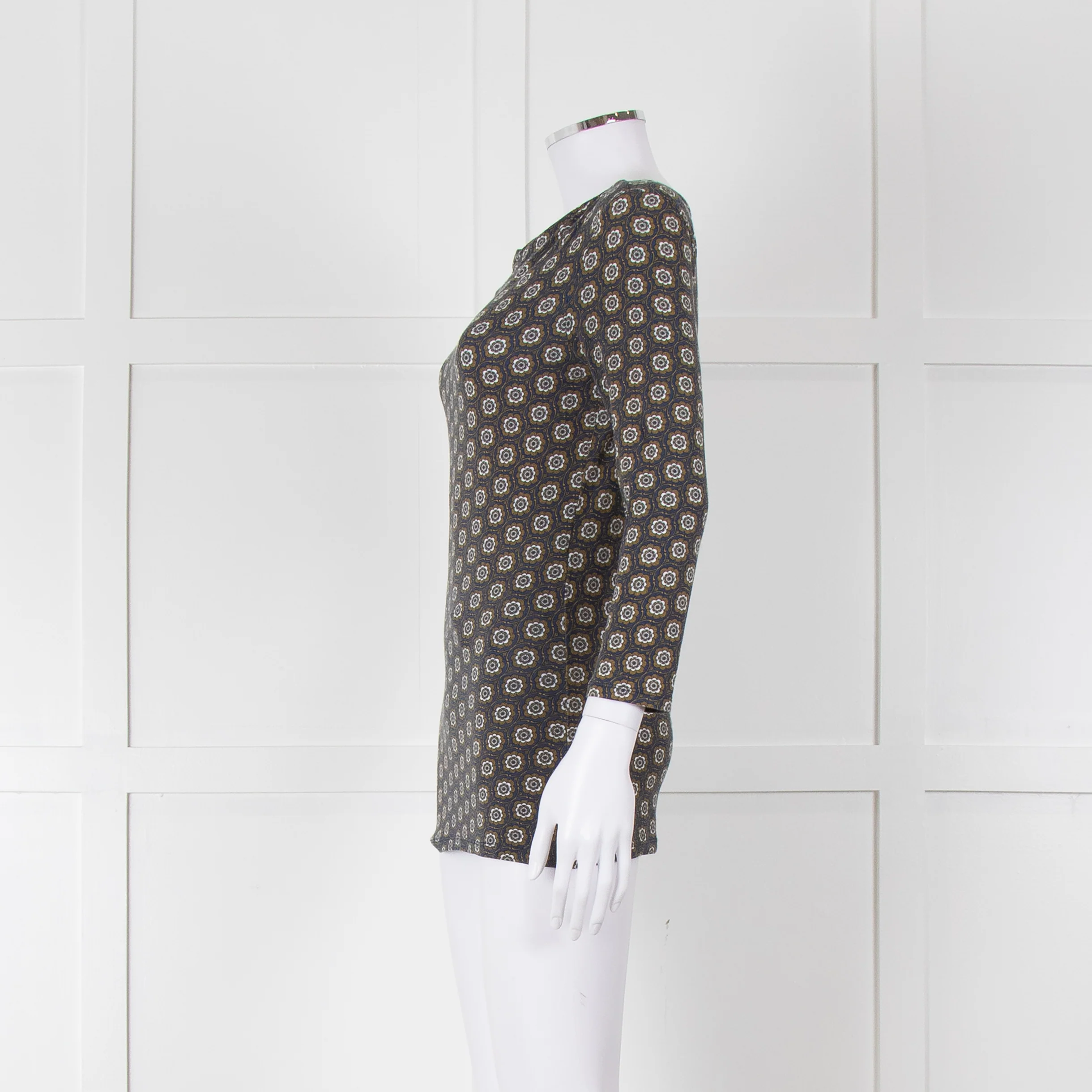 Weekend Max Mara Blue Khaki Flower Boat Neck Top - Image 7
