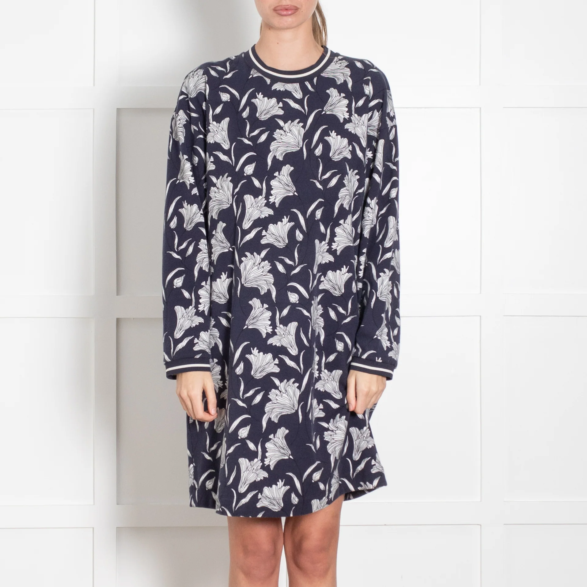 Weekend Max Mara Blue White Long Sleeve Floral T-Shirt Jersey Dress - Image 2