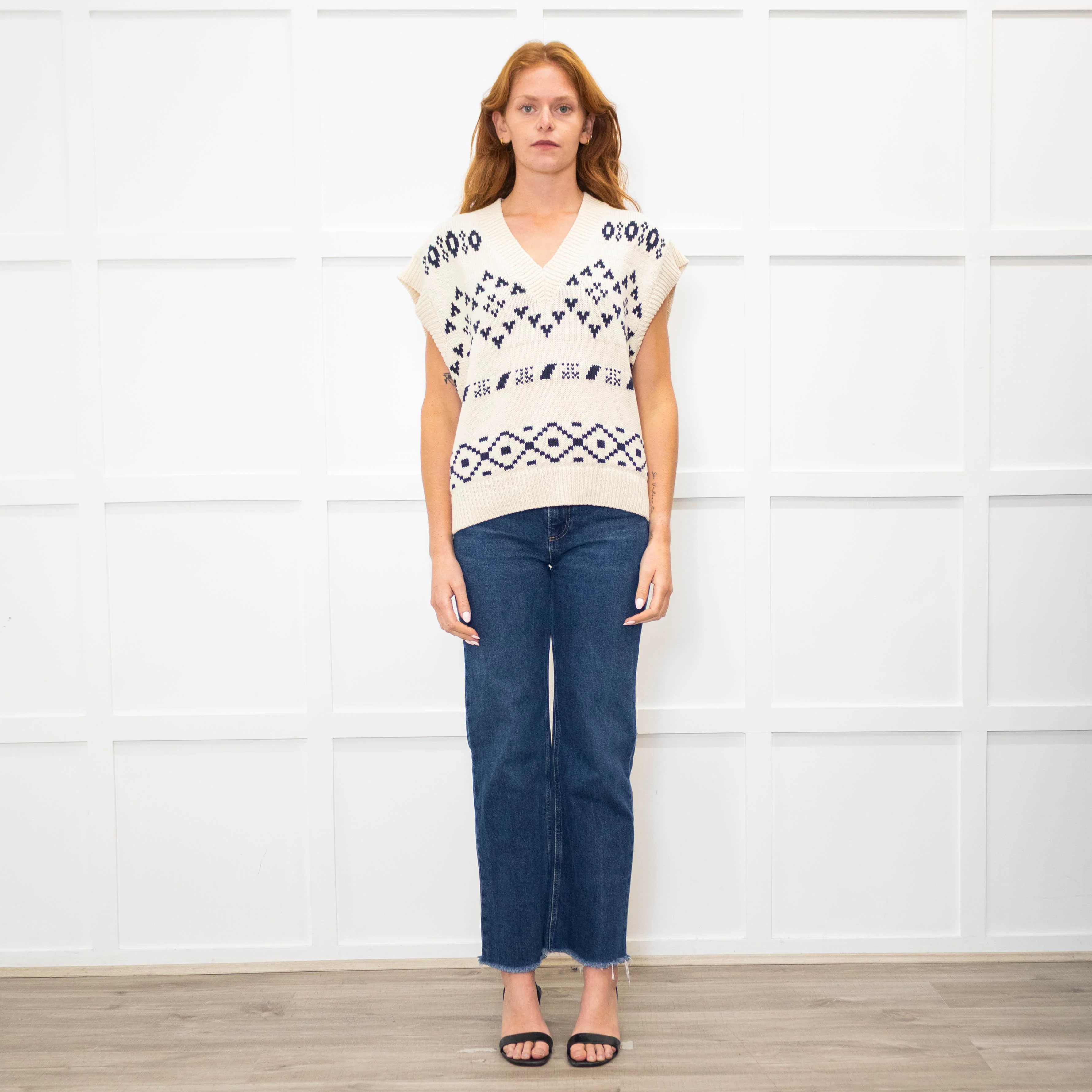 Weekend Max Mara Cream Black Geometric Motif V Neck Tank Top