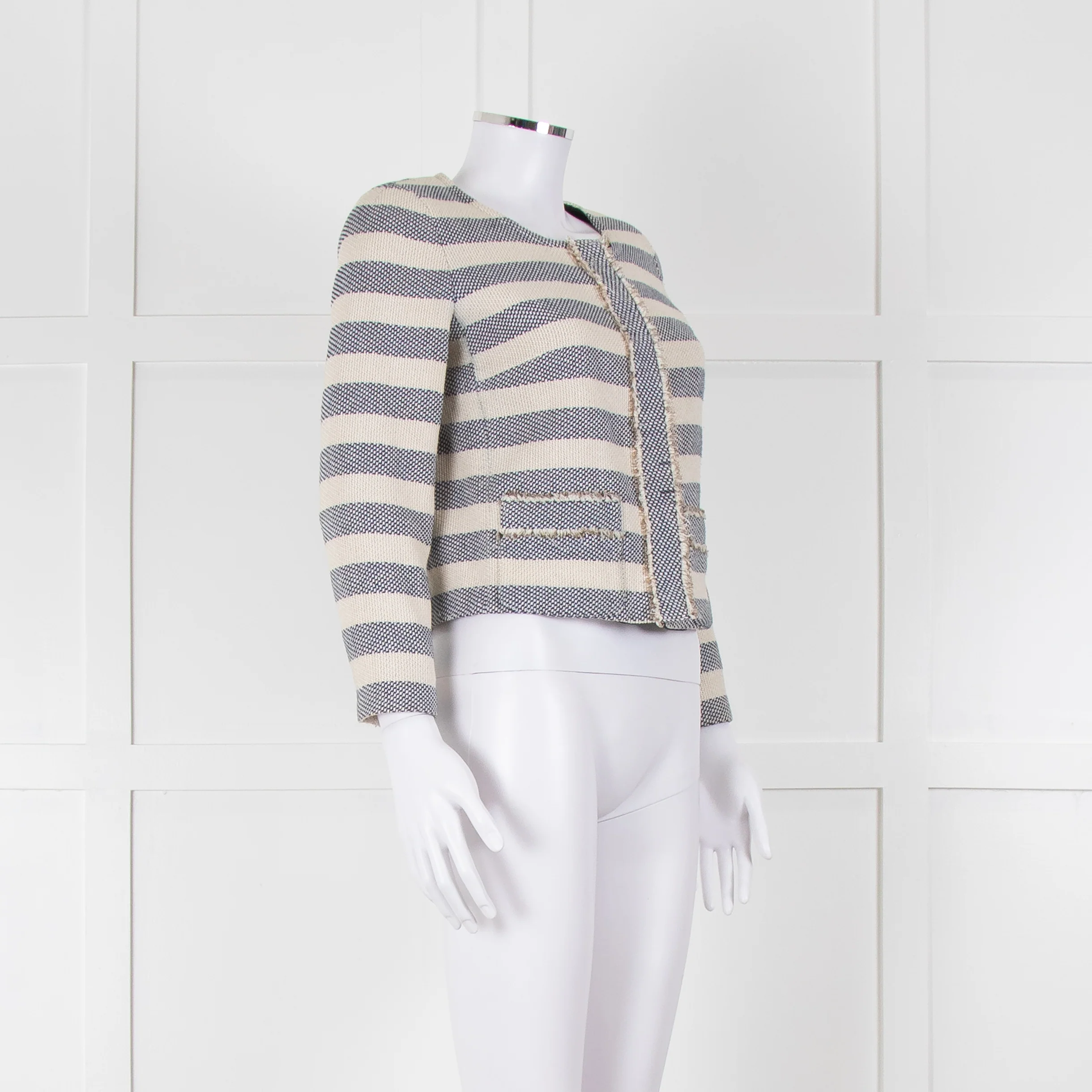 Weekend Max Mara Cream Blue Stripe Cotton Blend Jacket - Image 2