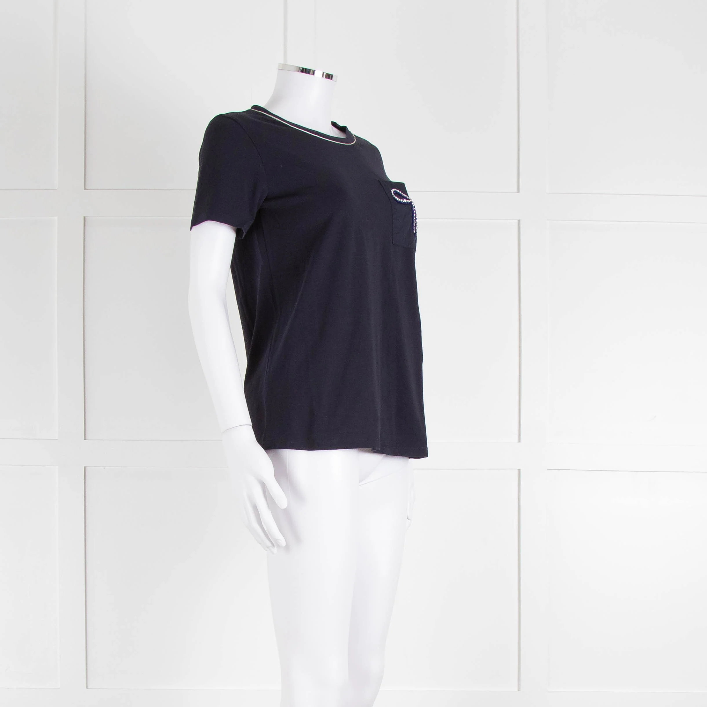 Weekend Max Mara Navy T-Shirt with Jeweled Bow Patch Pocket - Image 2