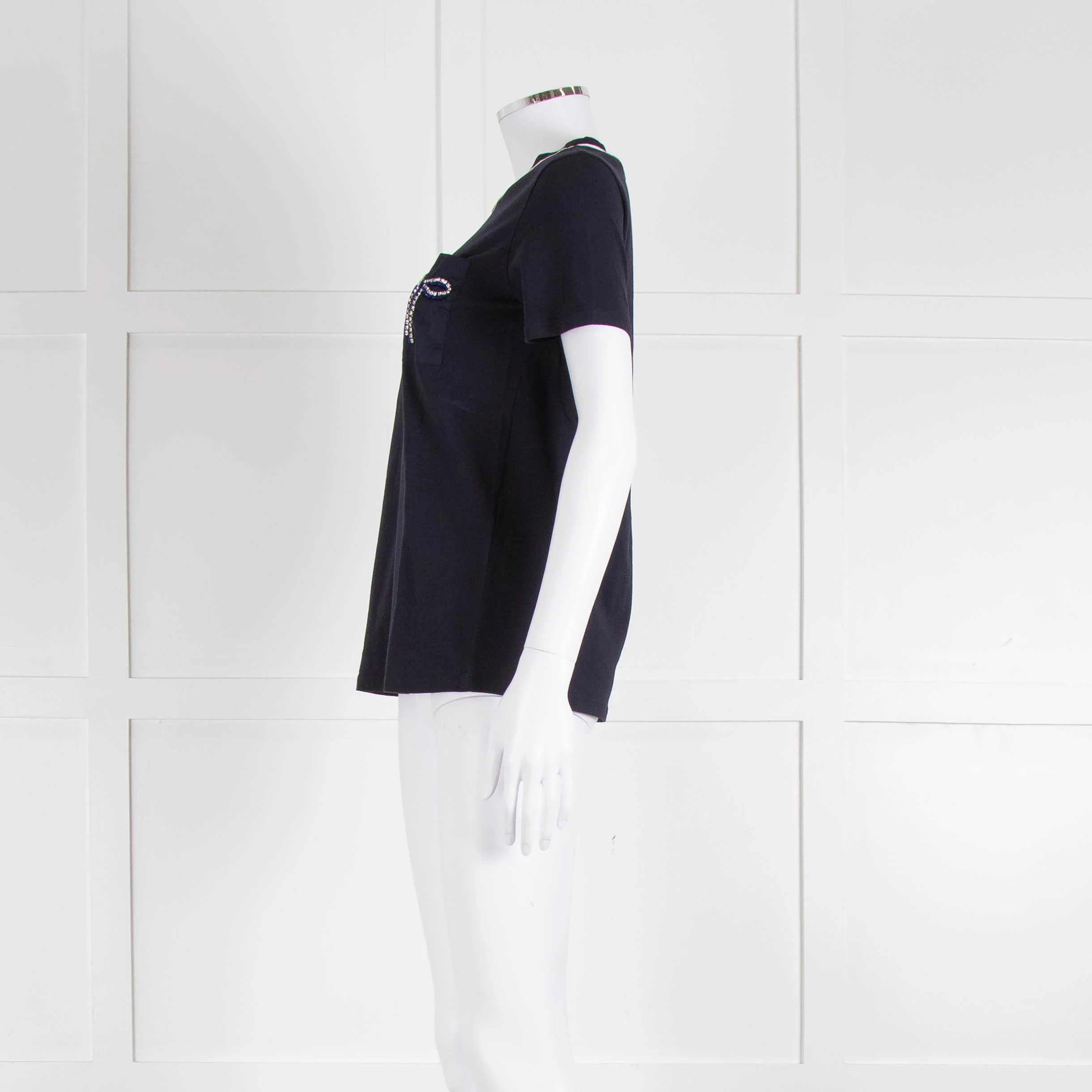 Weekend Max Mara Navy T-Shirt with Jeweled Bow Patch Pocket - Image 7